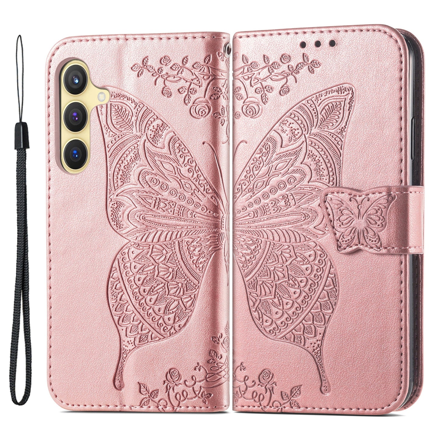 For Samsung Galaxy S24 Case Butterfly Pattern Leather Wallet Cover - Rose Gold