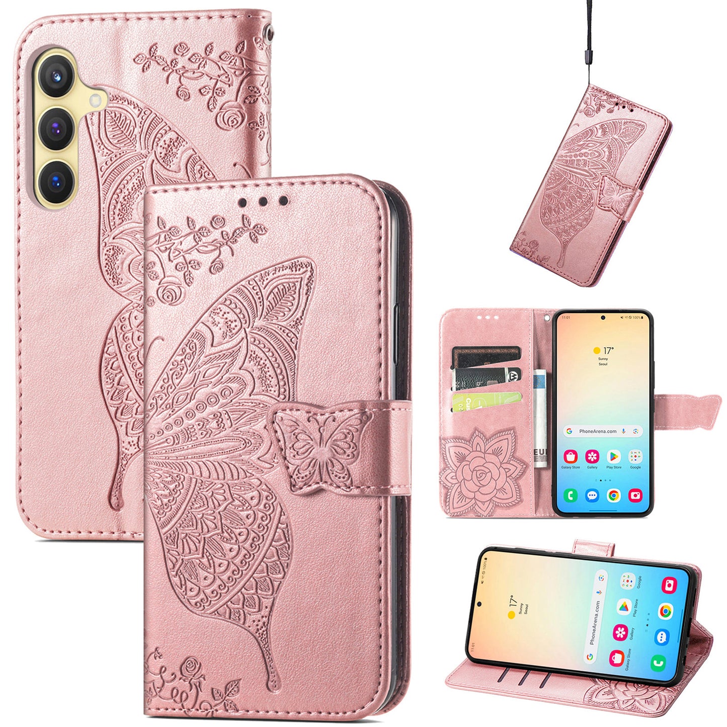 For Samsung Galaxy S24 Case Butterfly Pattern Leather Wallet Cover - Rose Gold