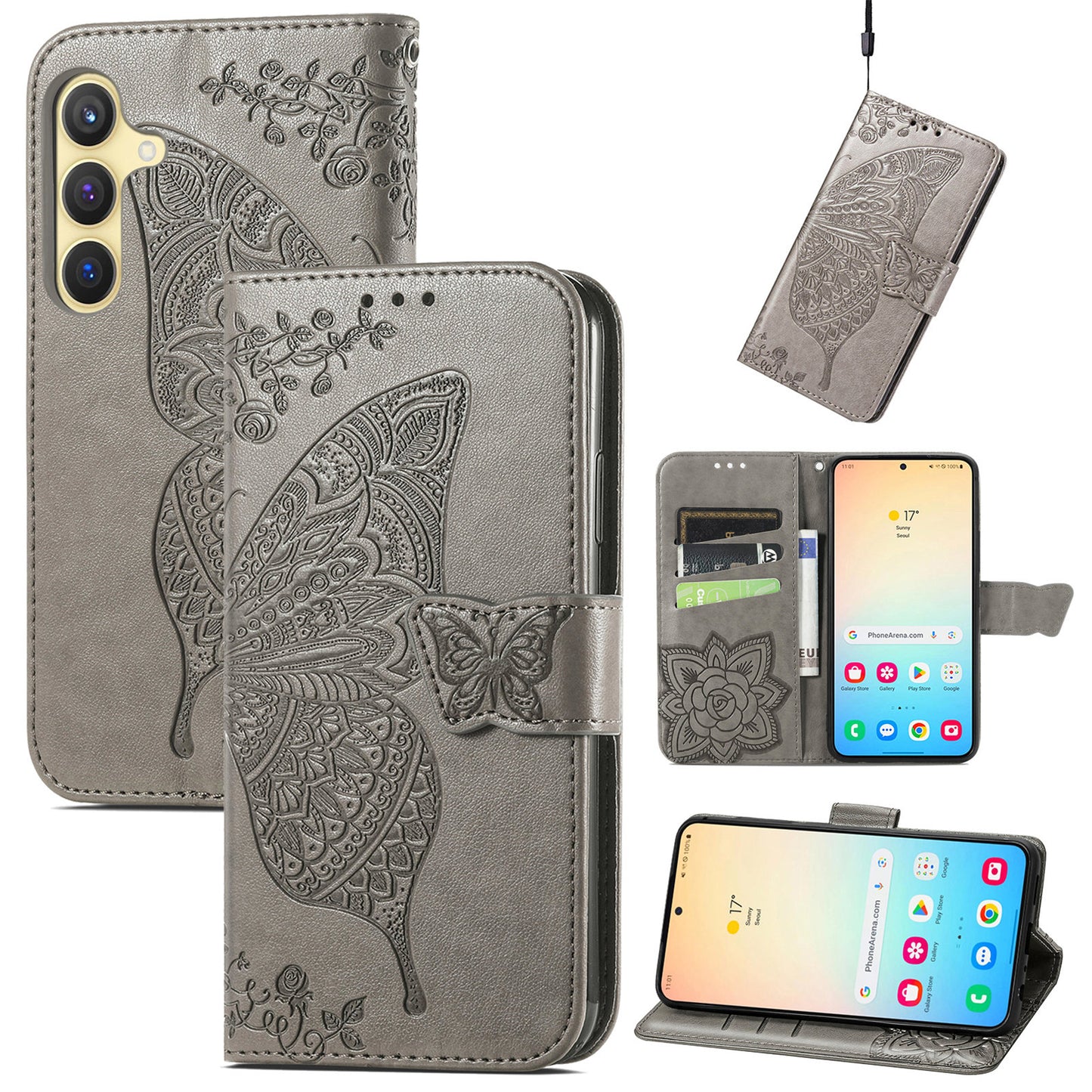 For Samsung Galaxy S24 Case Butterfly Pattern Leather Wallet Cover - Grey