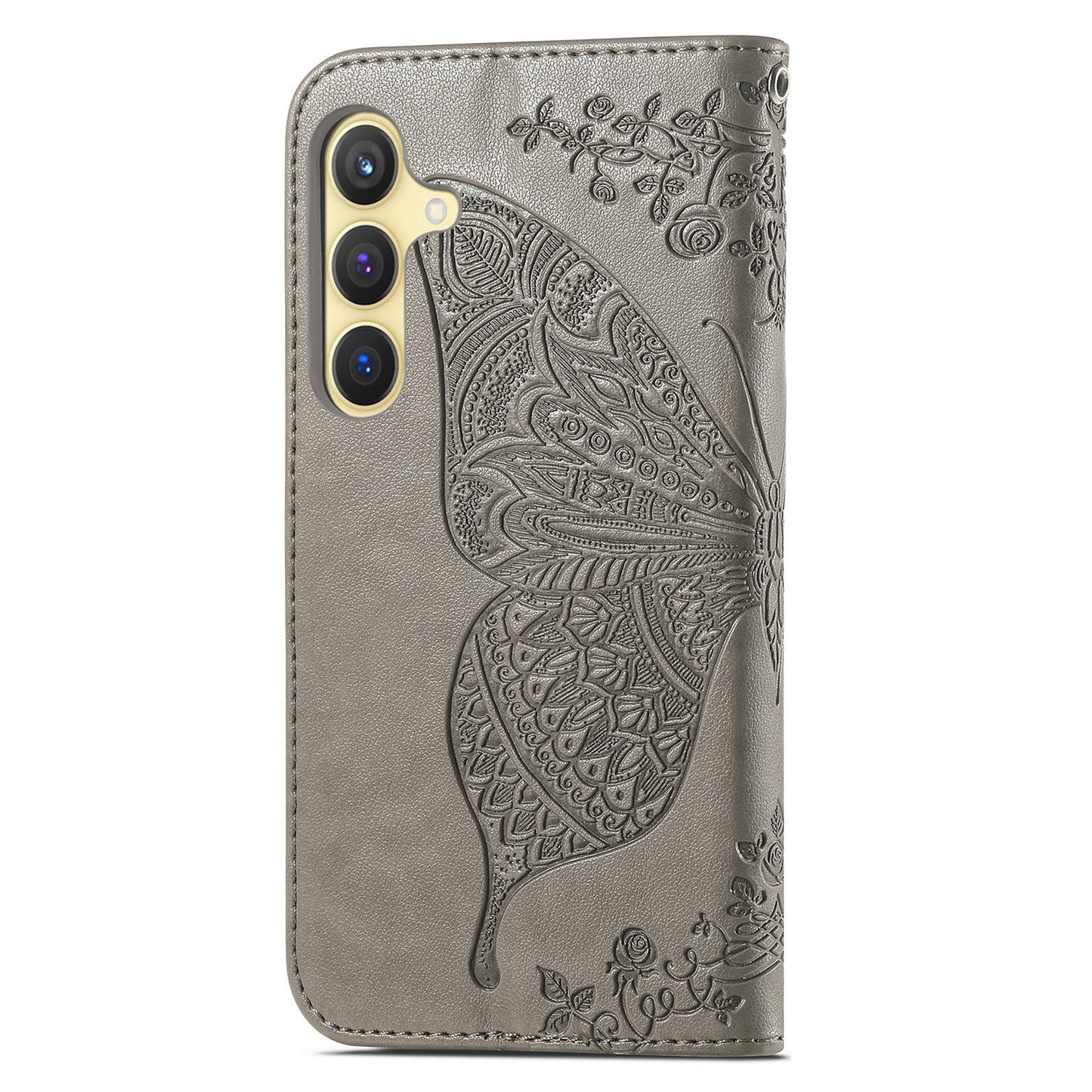 For Samsung Galaxy S24 Case Butterfly Pattern Leather Wallet Cover - Grey