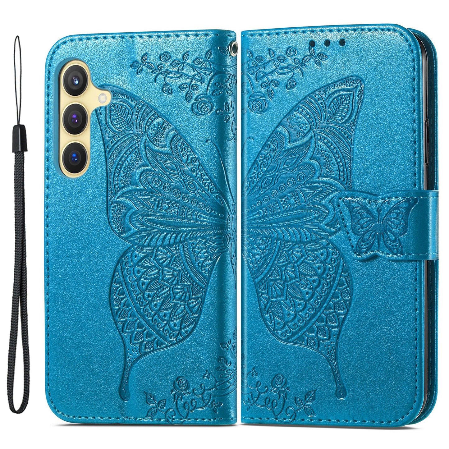 For Samsung Galaxy S24 Case Butterfly Pattern Leather Wallet Cover - Blue