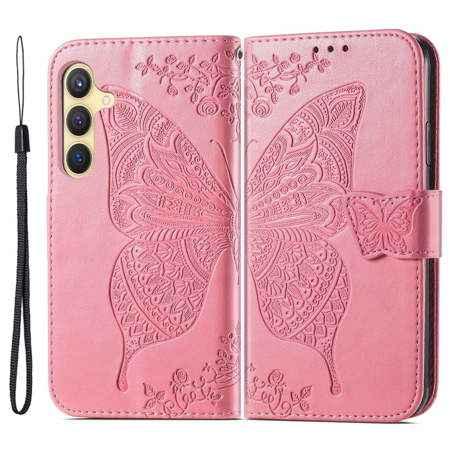 For Samsung Galaxy S24 Case Butterfly Pattern Leather Wallet Cover - Pink