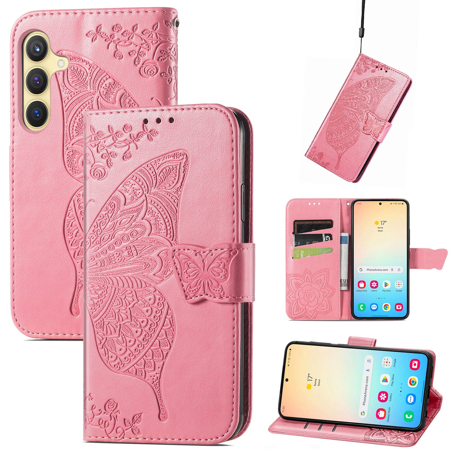 For Samsung Galaxy S24 Case Butterfly Pattern Leather Wallet Cover - Pink