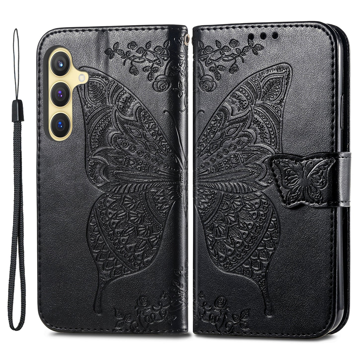 For Samsung Galaxy S24 Case Butterfly Pattern Leather Wallet Cover - Black