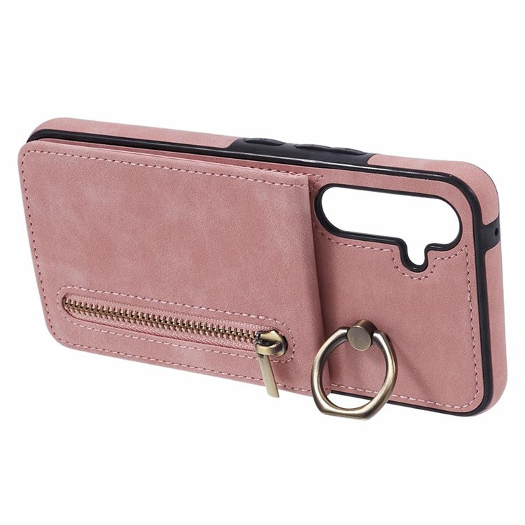 For Samsung Galaxy S23 FE Cell Phone Case RFID Blocking Retro PU+TPU Kickstand Cover - Pink