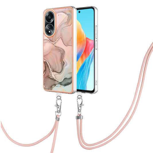 YB IMD Series-18 Style E for Oppo A58 4G Case Marble Pattern Electroplating Cover with Lanyard - Pink