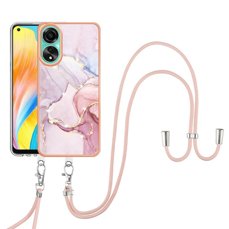 YB IMD Series-9 For Oppo A78 4G Phone Cover Marble Pattern Electroplating Case with Lanyard - Rose Gold 005