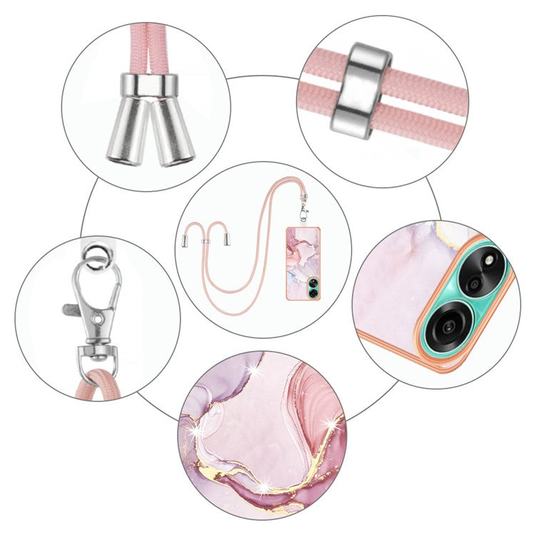 YB IMD Series-9 For Oppo A78 4G Phone Cover Marble Pattern Electroplating Case with Lanyard - Rose Gold 005