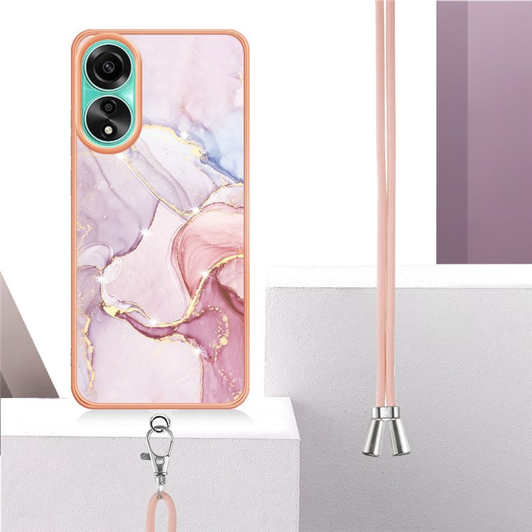 YB IMD Series-9 For Oppo A78 4G Phone Cover Marble Pattern Electroplating Case with Lanyard - Rose Gold 005