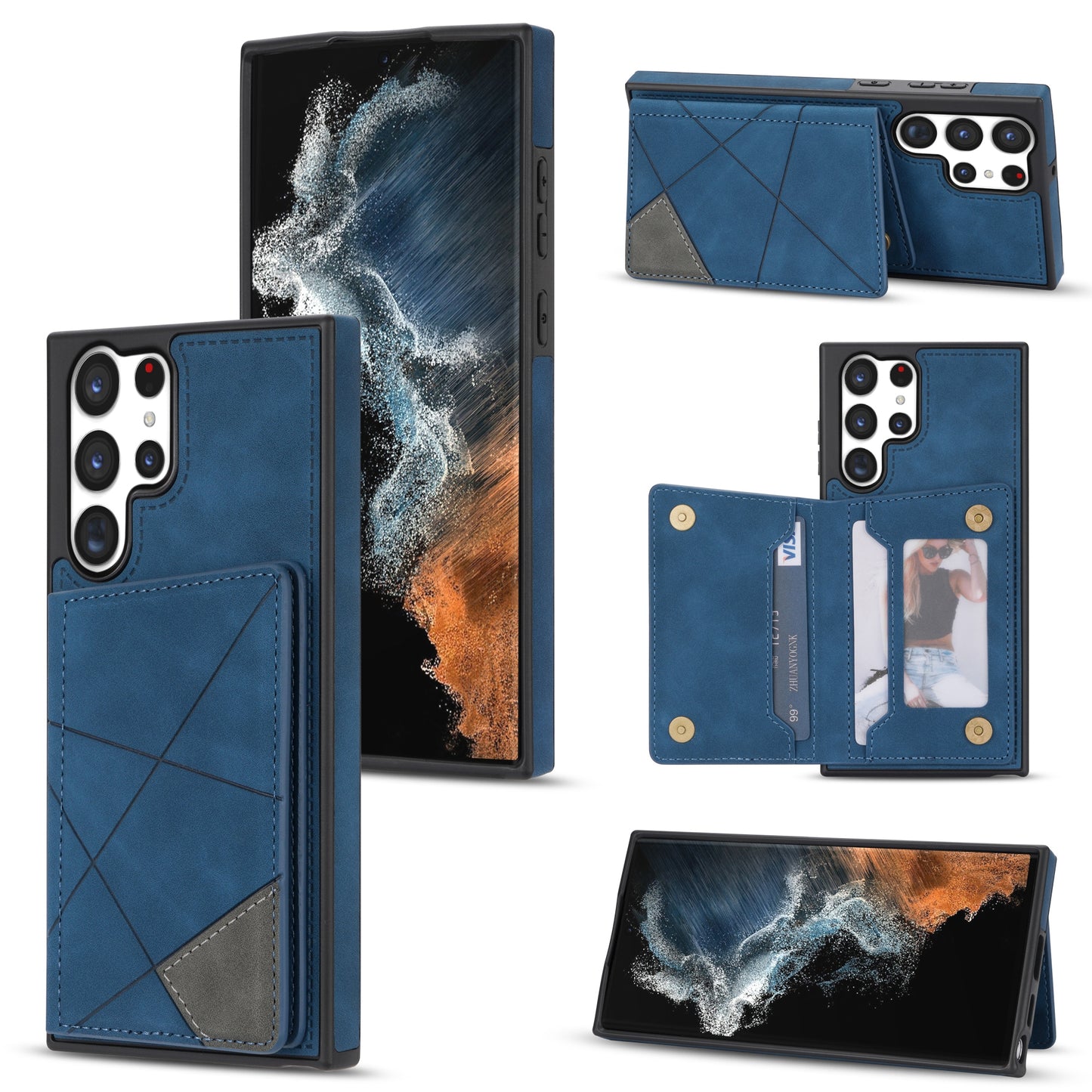 For Samsung Galaxy S24 Ultra Case Line Splicing Imprinted PU Leather+TPU Kickstand Phone Cover - Blue