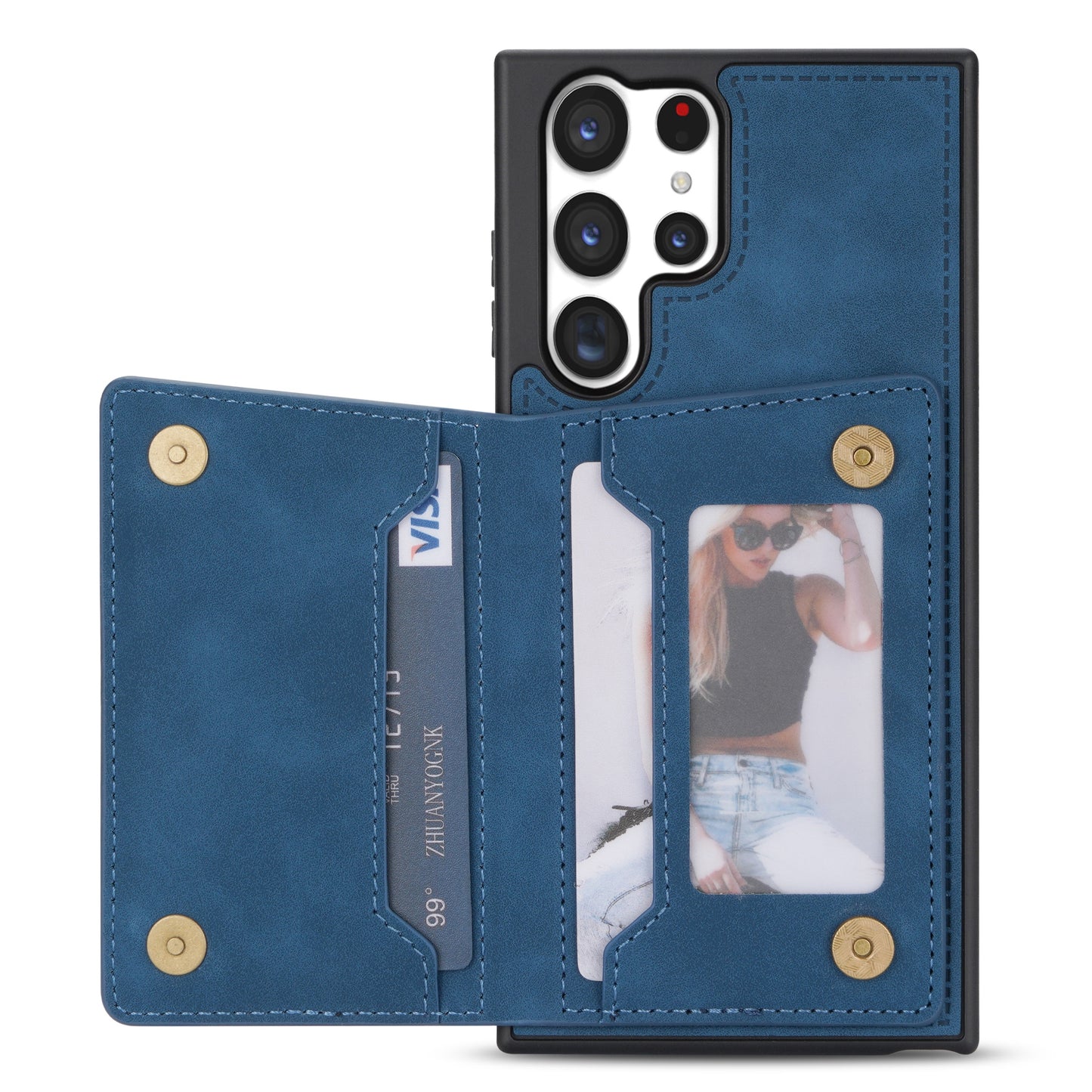 For Samsung Galaxy S24 Ultra Case Line Splicing Imprinted PU Leather+TPU Kickstand Phone Cover - Blue
