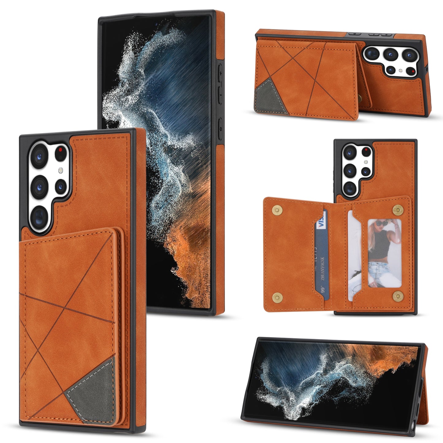 For Samsung Galaxy S24 Ultra Case Line Splicing Imprinted PU Leather+TPU Kickstand Phone Cover - Brown