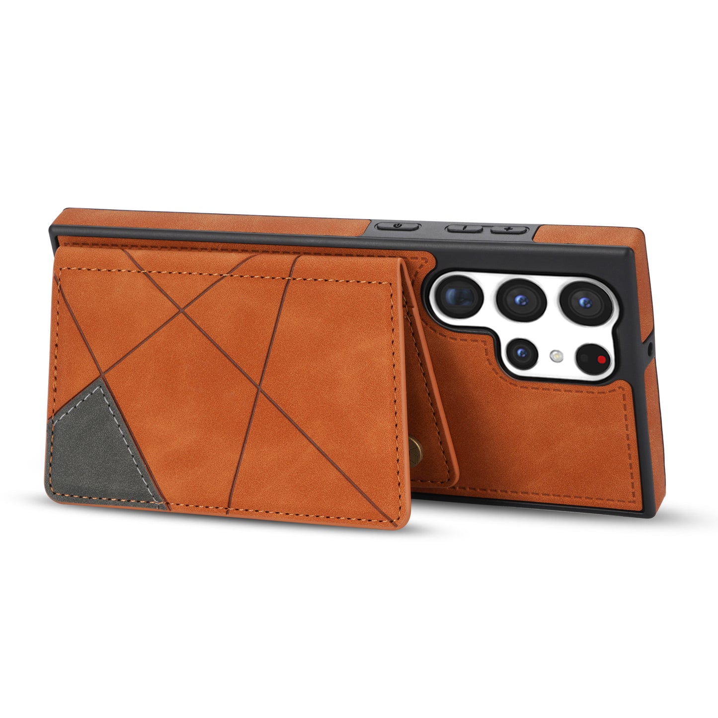 For Samsung Galaxy S24 Ultra Case Line Splicing Imprinted PU Leather+TPU Kickstand Phone Cover - Brown