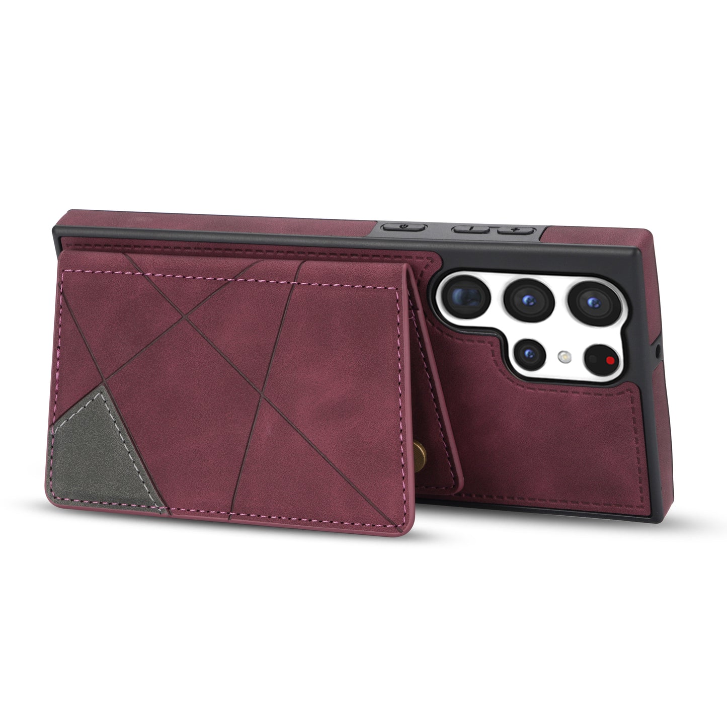 For Samsung Galaxy S24 Ultra Case Line Splicing Imprinted PU Leather+TPU Kickstand Phone Cover - Wine Red