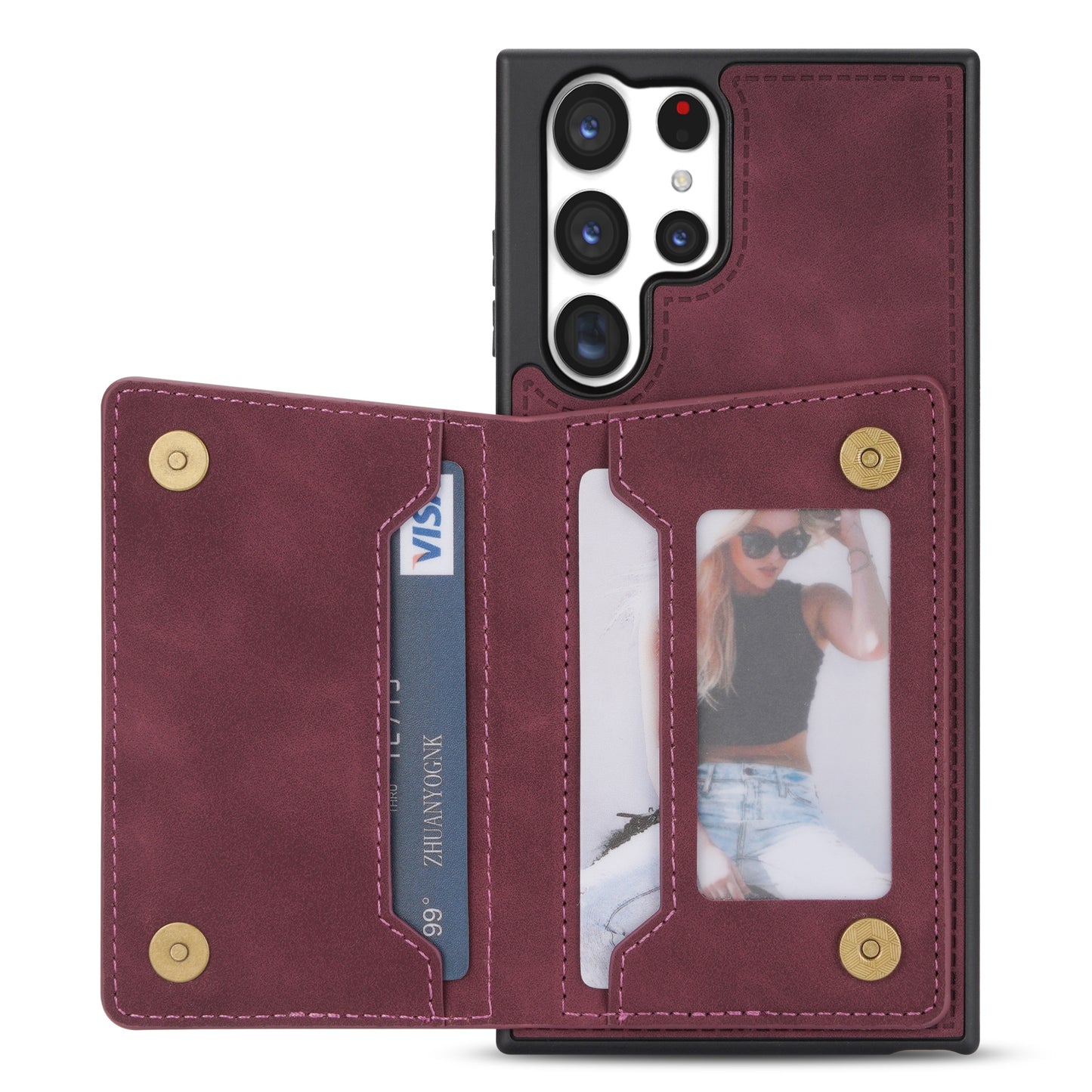 For Samsung Galaxy S24 Ultra Case Line Splicing Imprinted PU Leather+TPU Kickstand Phone Cover - Wine Red