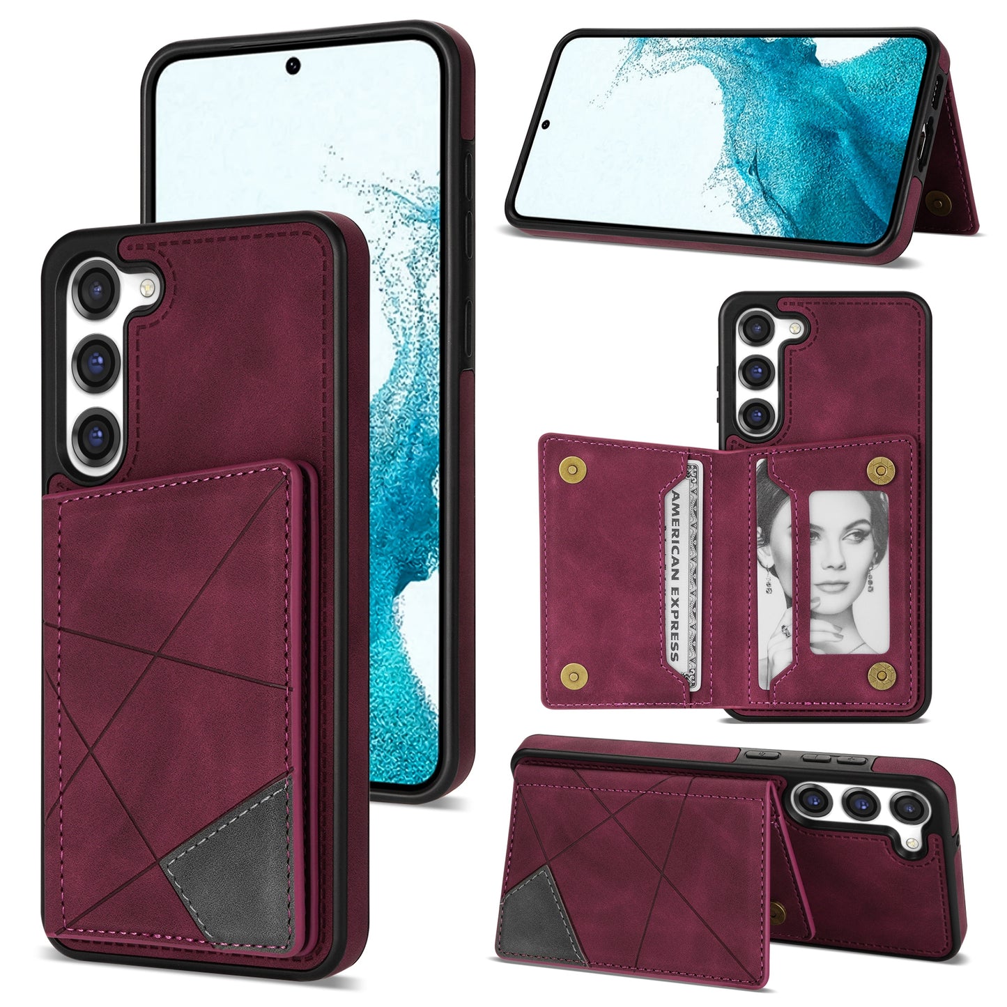For Samsung Galaxy S24 Case Line Splicing Imprinted Leather Phone Cover - Wine Red