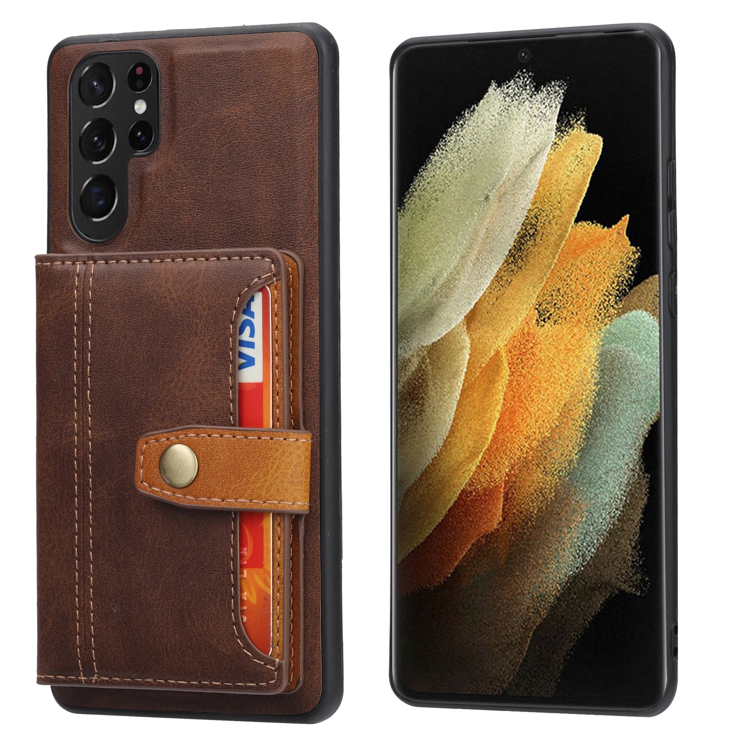 For Samsung Galaxy S24 Ultra Case Calf Texture Kickstand Card Holder PU Leather+TPU Phone Cover - Brown