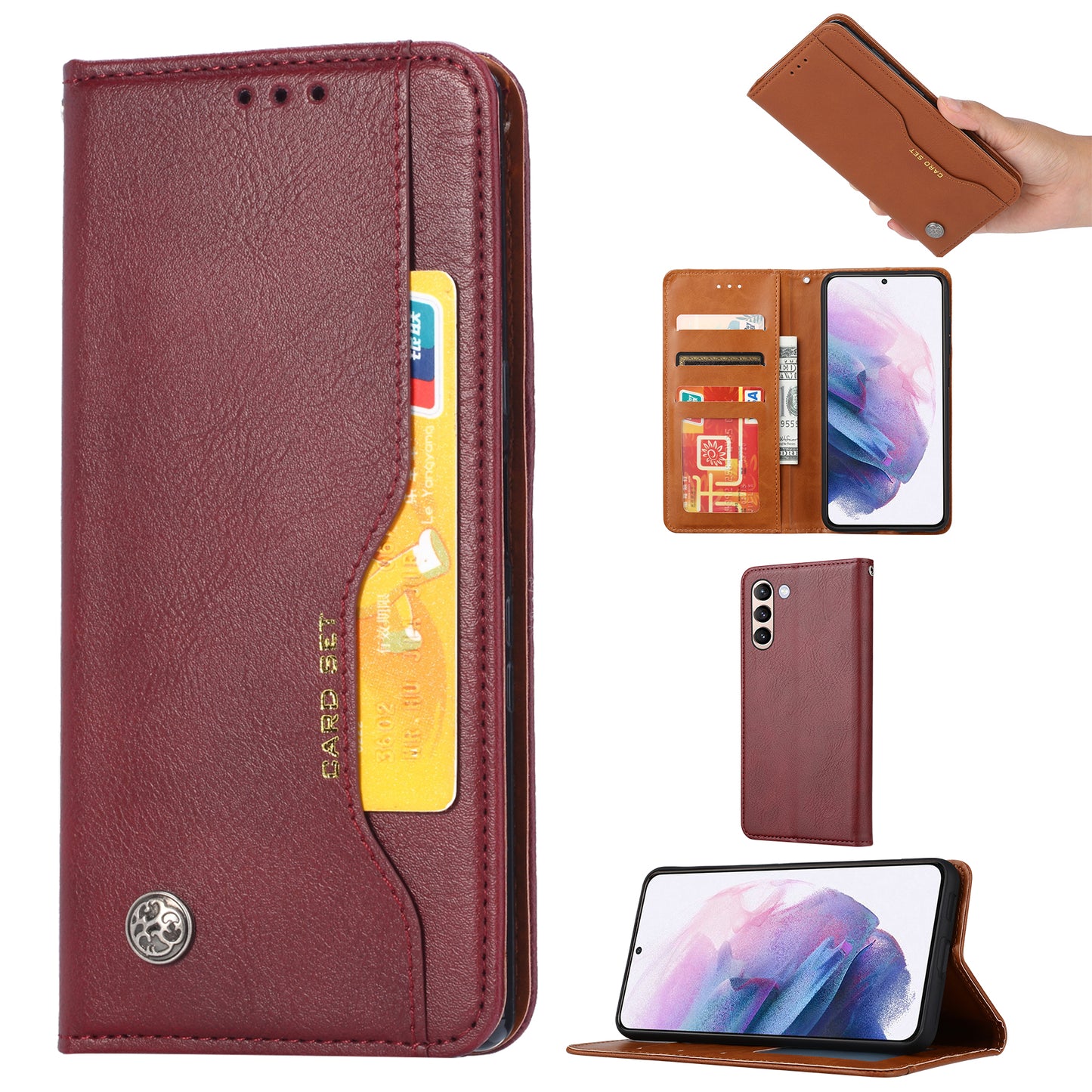 For Samsung Galaxy S24+ Cell Phone Case Magnetic Closing Flip Stand Leather Wallet Cover - Wine Red