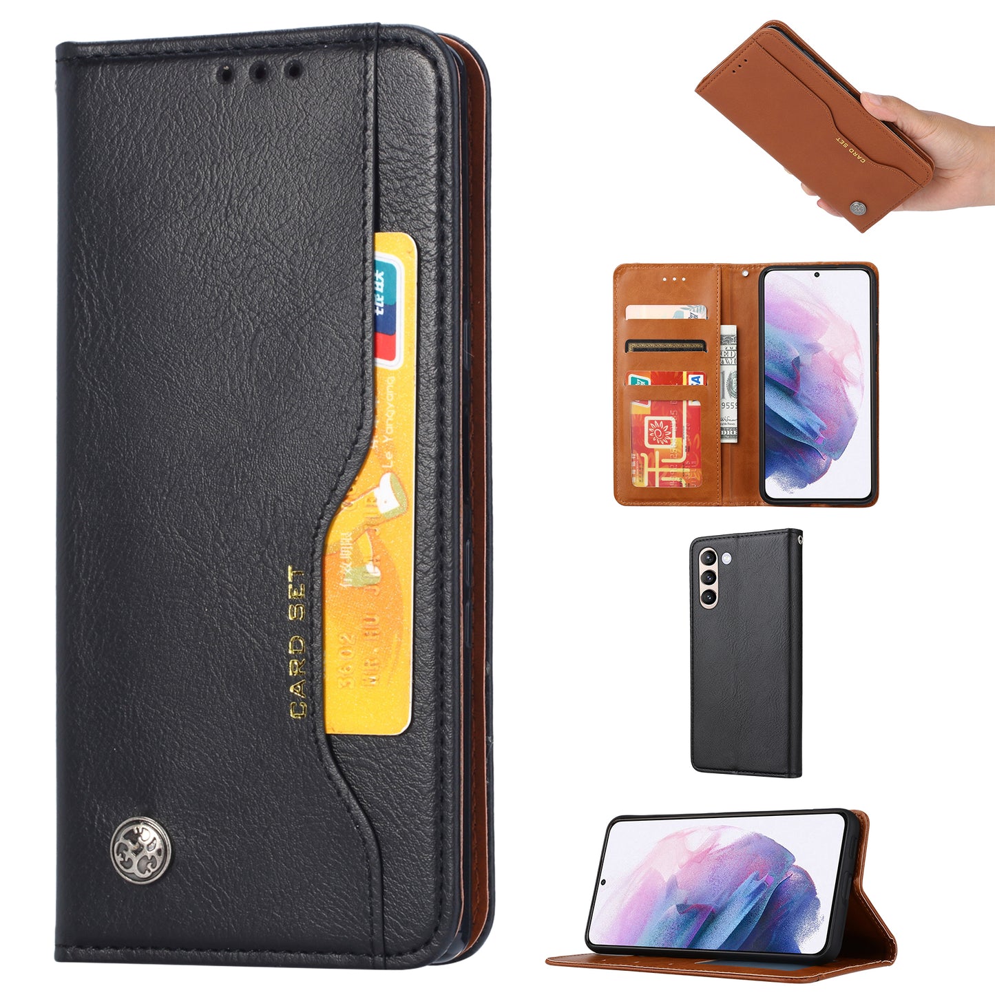 For Samsung Galaxy S24 Cell Phone Case Magnetic Closing PU Leather Wallet Cover - Black