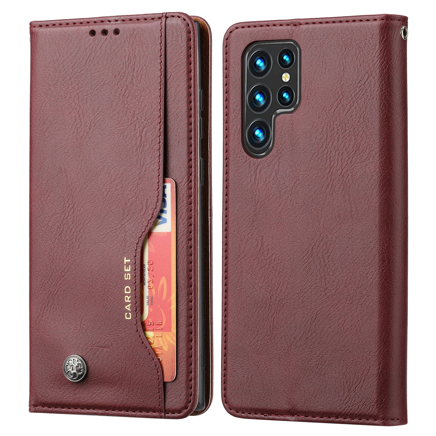 For Samsung Galaxy S24 Ultra Cell Phone Case Magnetic Closing PU Leather Stand Cover - Wine Red