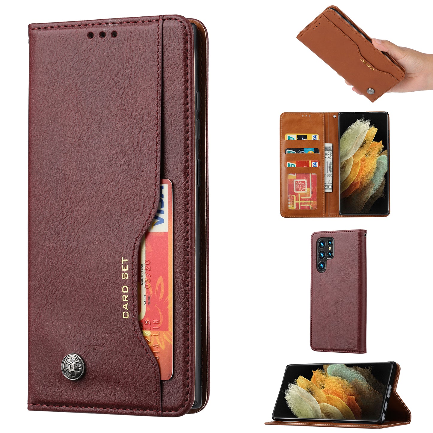 For Samsung Galaxy S24 Ultra Cell Phone Case Magnetic Closing PU Leather Stand Cover - Wine Red