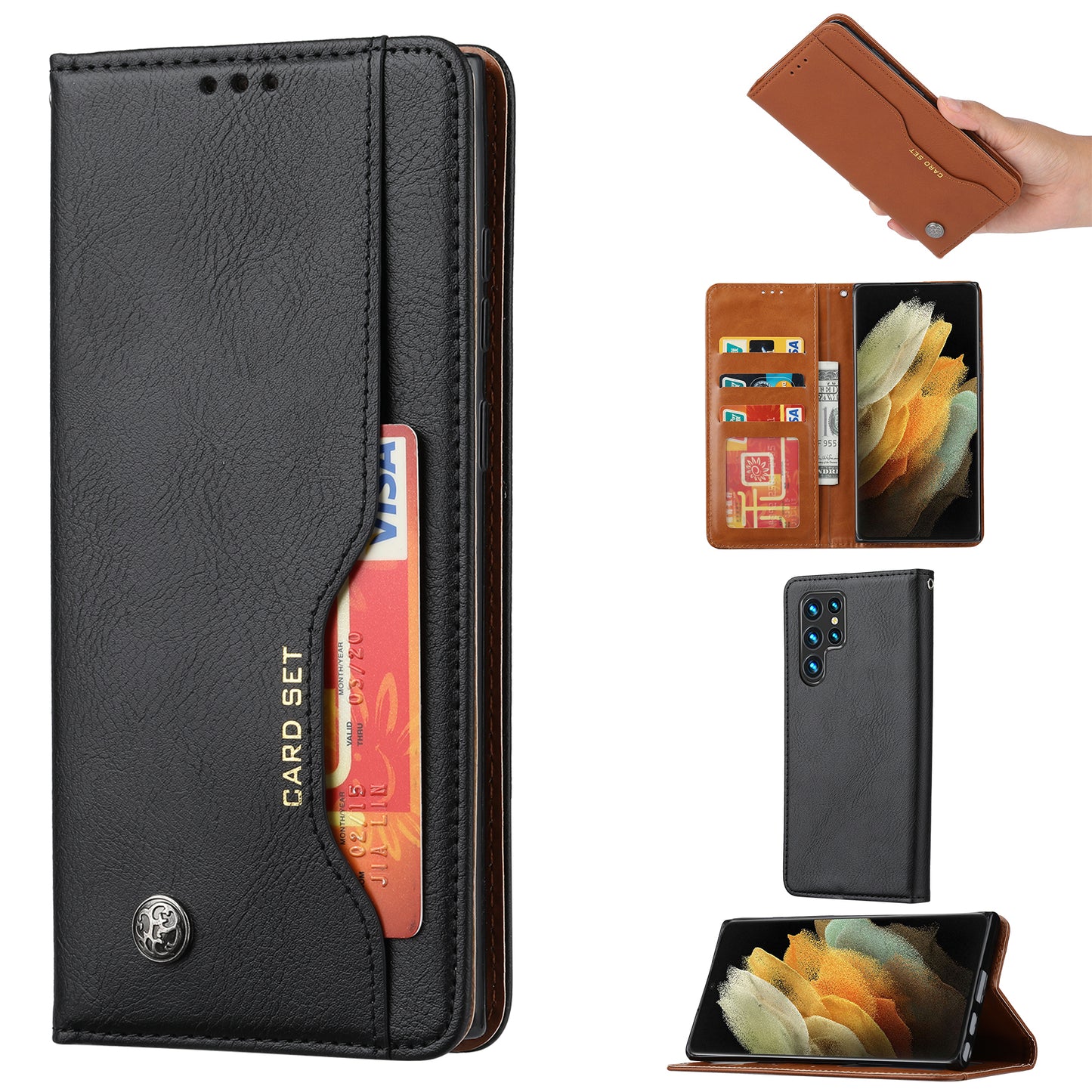 For Samsung Galaxy S24 Ultra Cell Phone Case Magnetic Closing PU Leather Stand Cover - Black