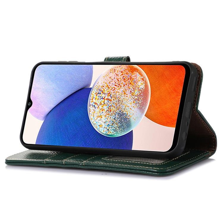 For Samsung Galaxy A25 5G (Global) (161.0 x 76.5 x 8.3mm) Genuine Cow Leather Phone Cover Lychee Texture Case - Green