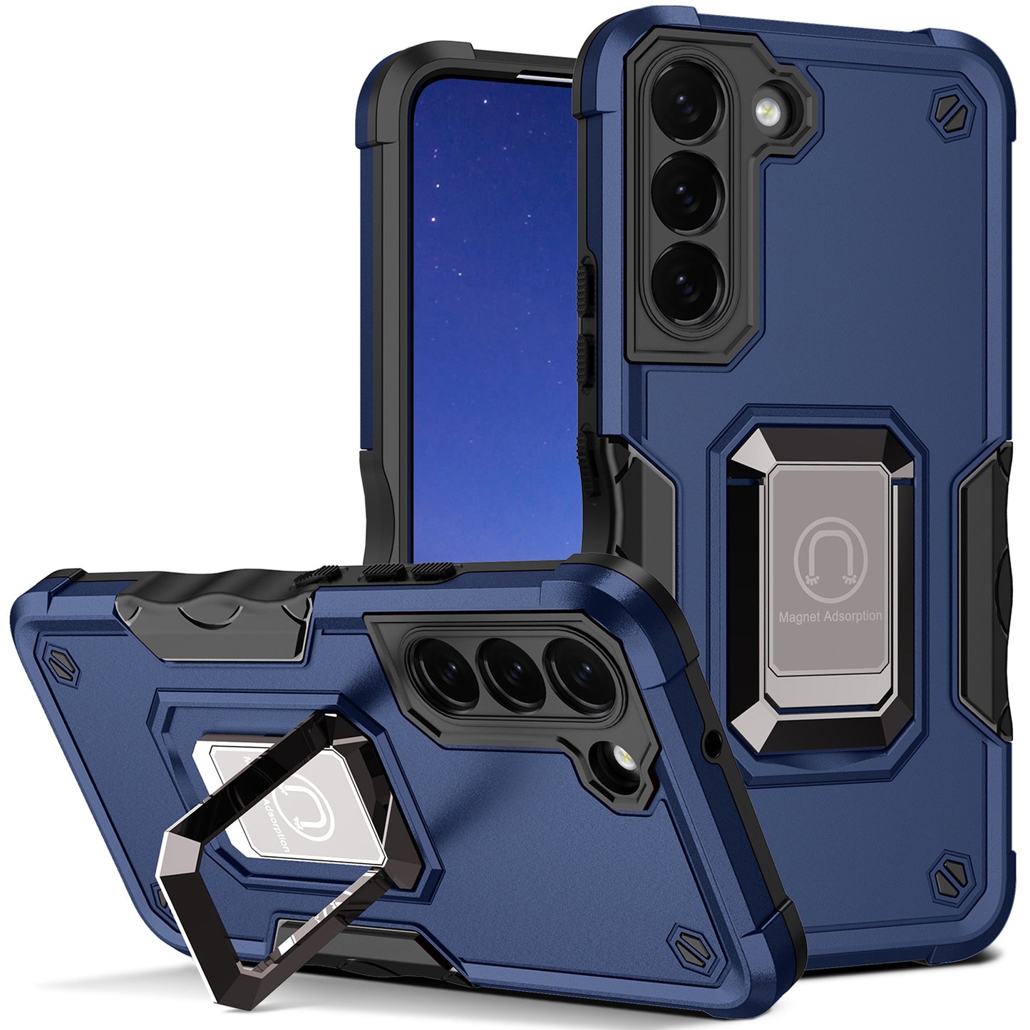 For Samsung Galaxy S24 Ring Holder Phone Case Reinforced Corner Protection Cover - Blue