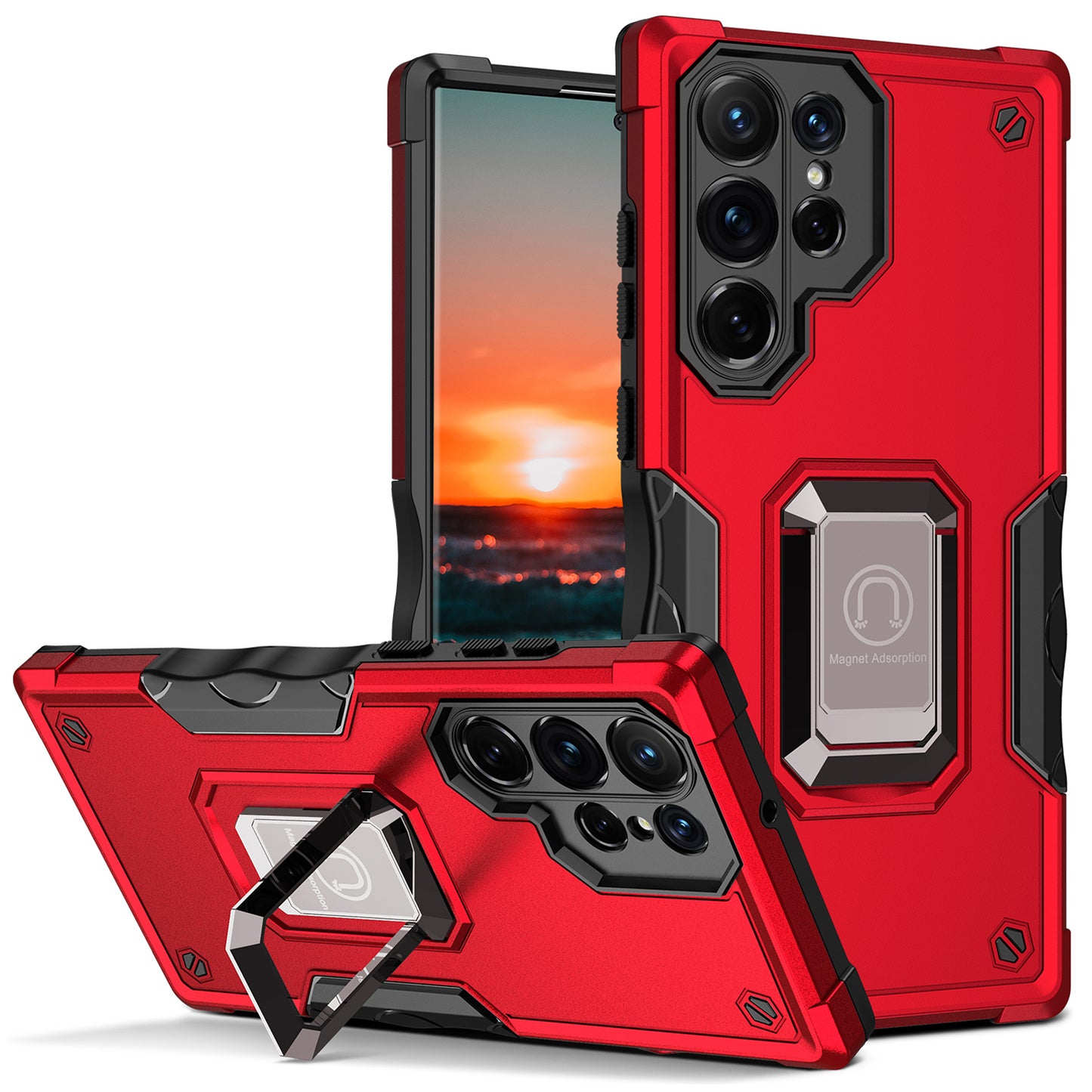 For Samsung Galaxy S24 Ultra Phone Case with Ring Holder Support Magnetic Car Mount - Red
