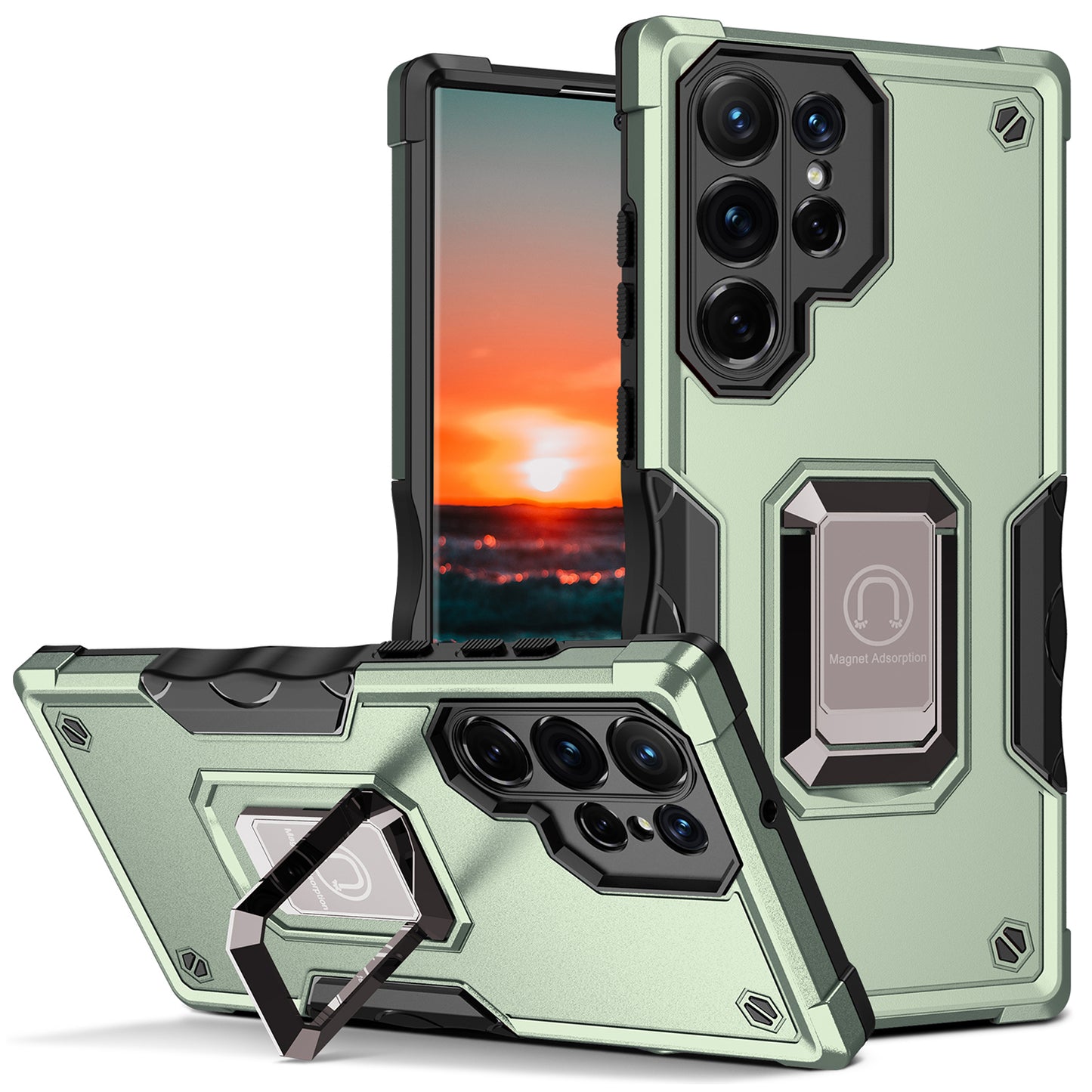 For Samsung Galaxy S24 Ultra Phone Case with Ring Holder Support Magnetic Car Mount - Green