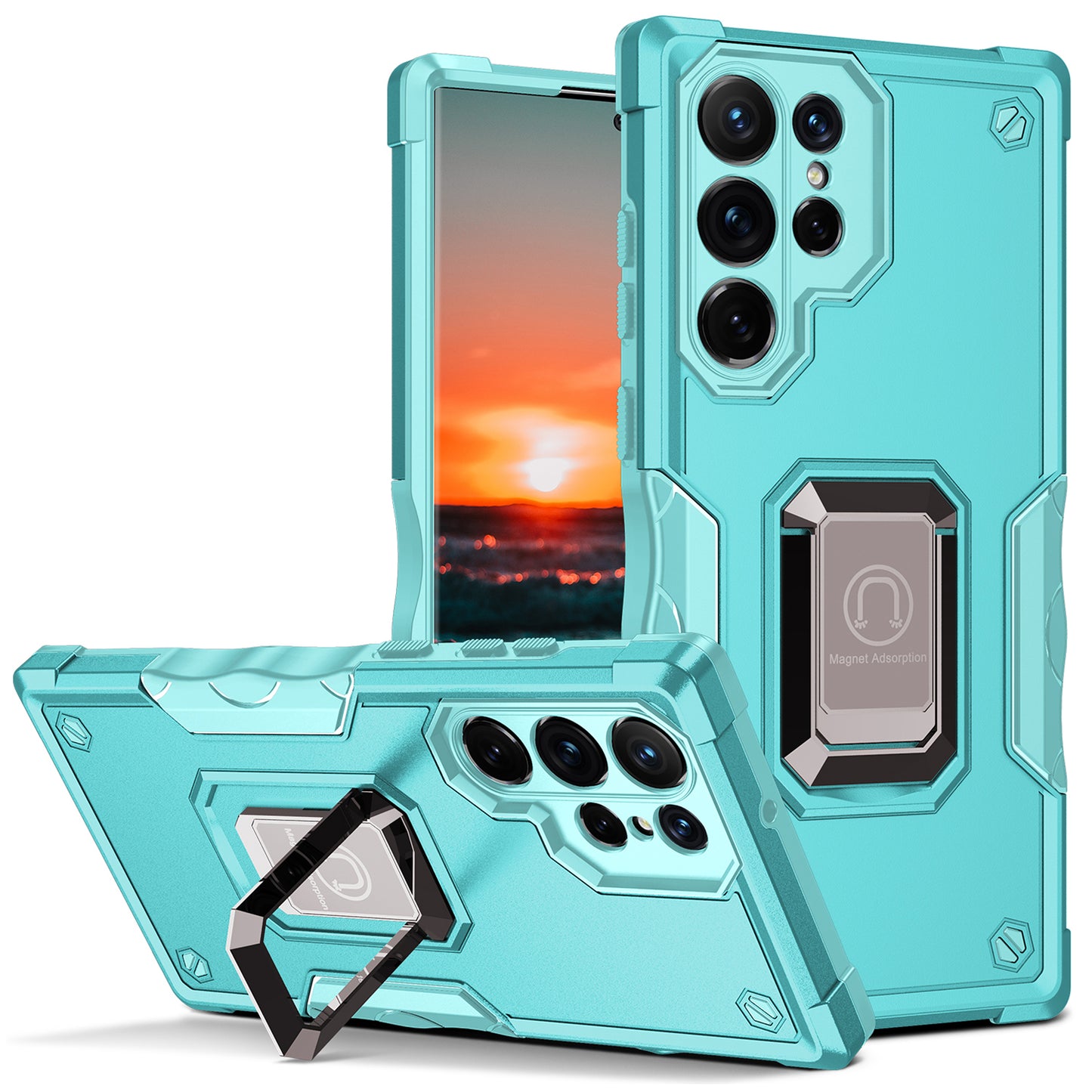 For Samsung Galaxy S24 Ultra Phone Case with Ring Holder Support Magnetic Car Mount - Mint Green