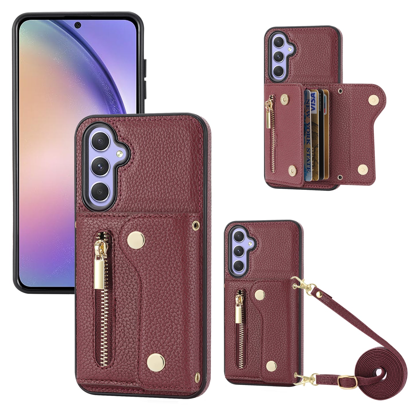 DF-09 for Samsung Galaxy S24 Card Wallet Case Kickstand Phone Cover with Long Strap - Wine Red