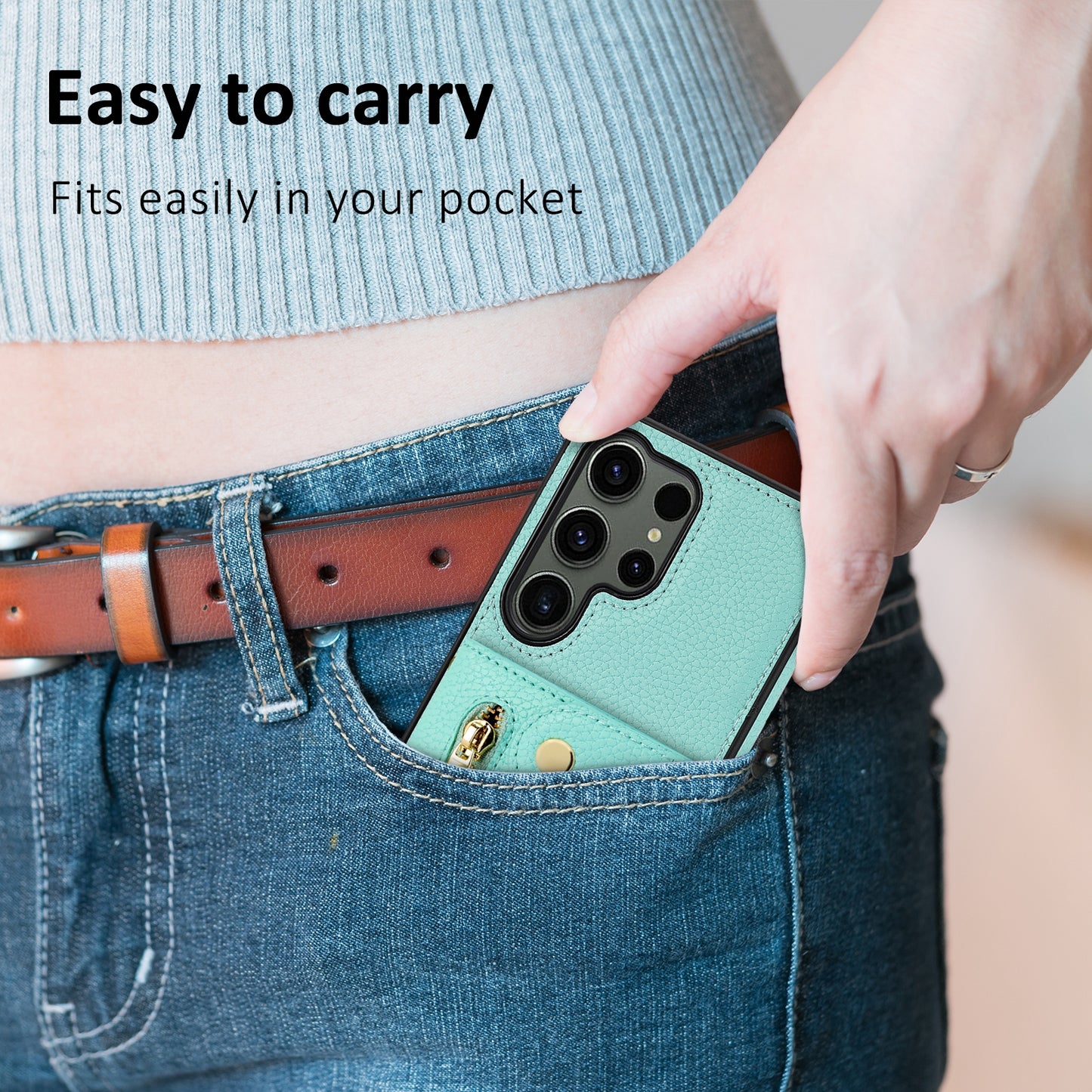 For Samsung Galaxy S24 Ultra DF-09 Card Case PU Leather Kickstand Zipper Lanyard Cover - Mint Green