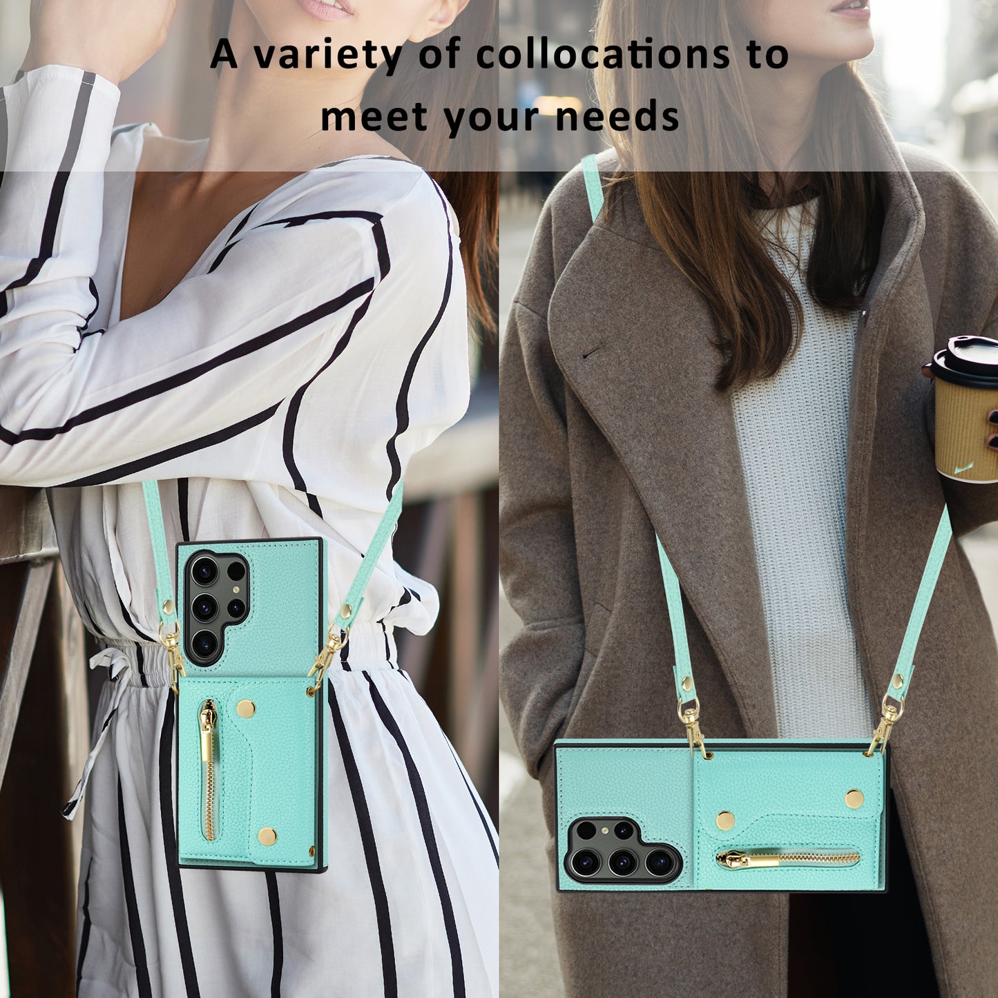 For Samsung Galaxy S24 Ultra DF-09 Card Case PU Leather Kickstand Zipper Lanyard Cover - Mint Green