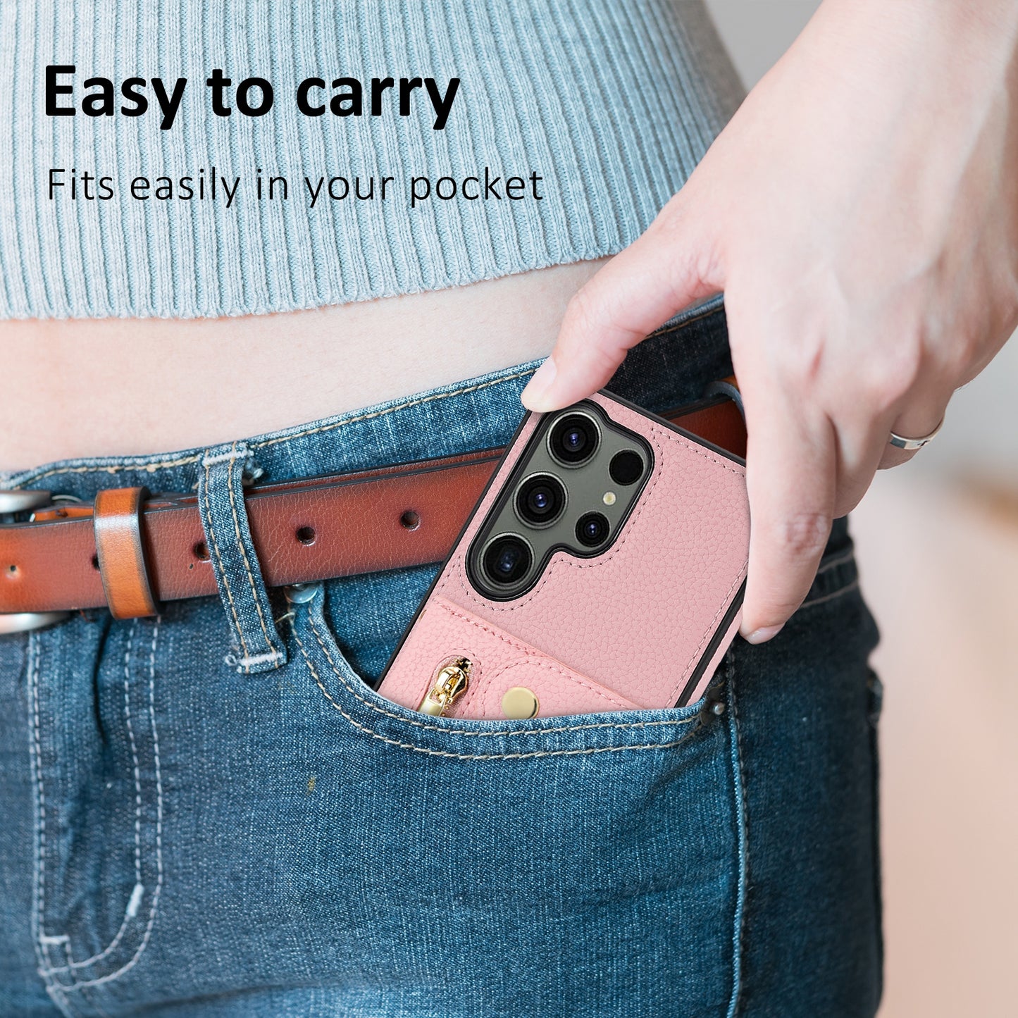 For Samsung Galaxy S24 Ultra DF-09 Card Case PU Leather Kickstand Zipper Lanyard Cover - Pink
