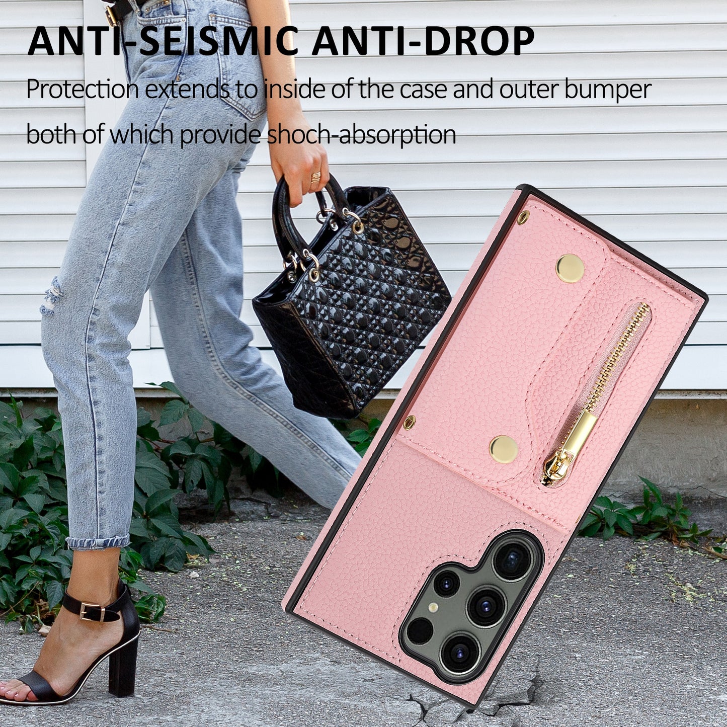 For Samsung Galaxy S24 Ultra DF-09 Card Case PU Leather Kickstand Zipper Lanyard Cover - Pink