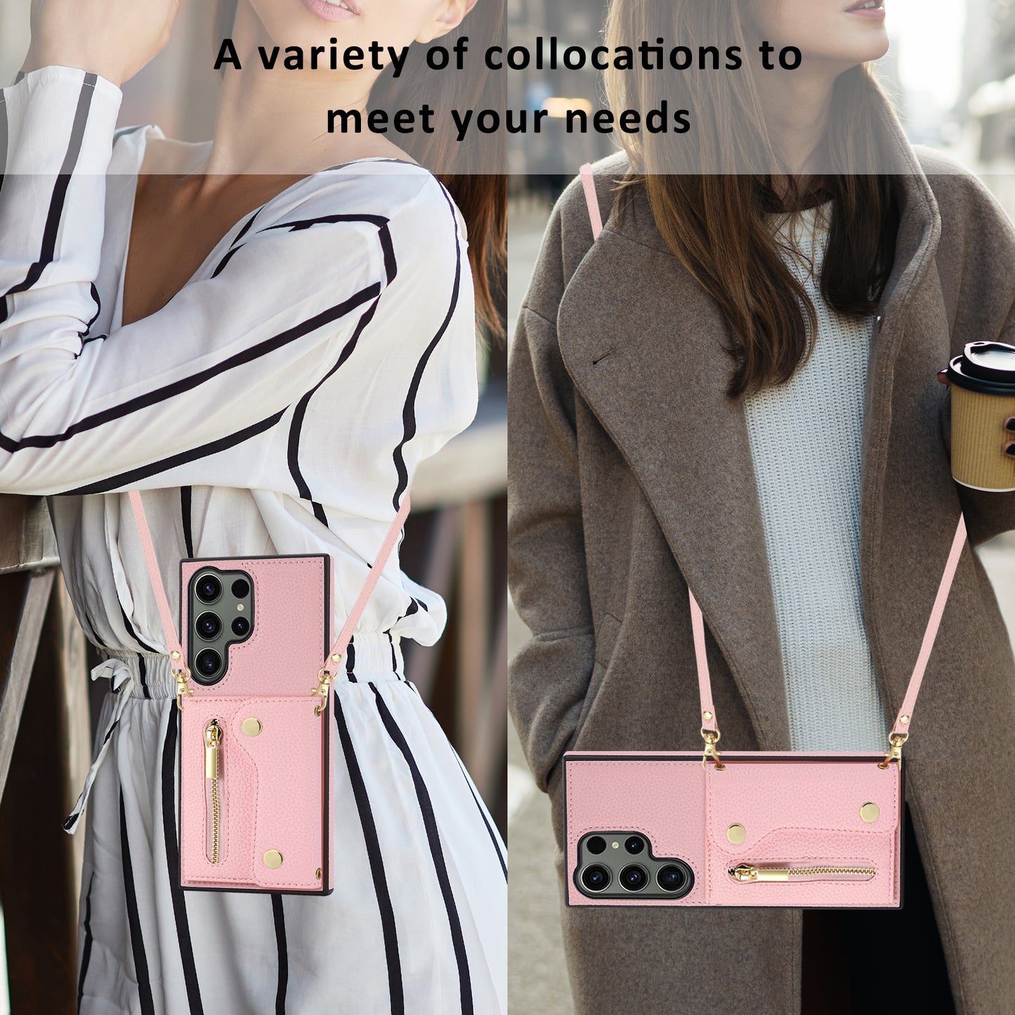 For Samsung Galaxy S24 Ultra DF-09 Card Case PU Leather Kickstand Zipper Lanyard Cover - Pink