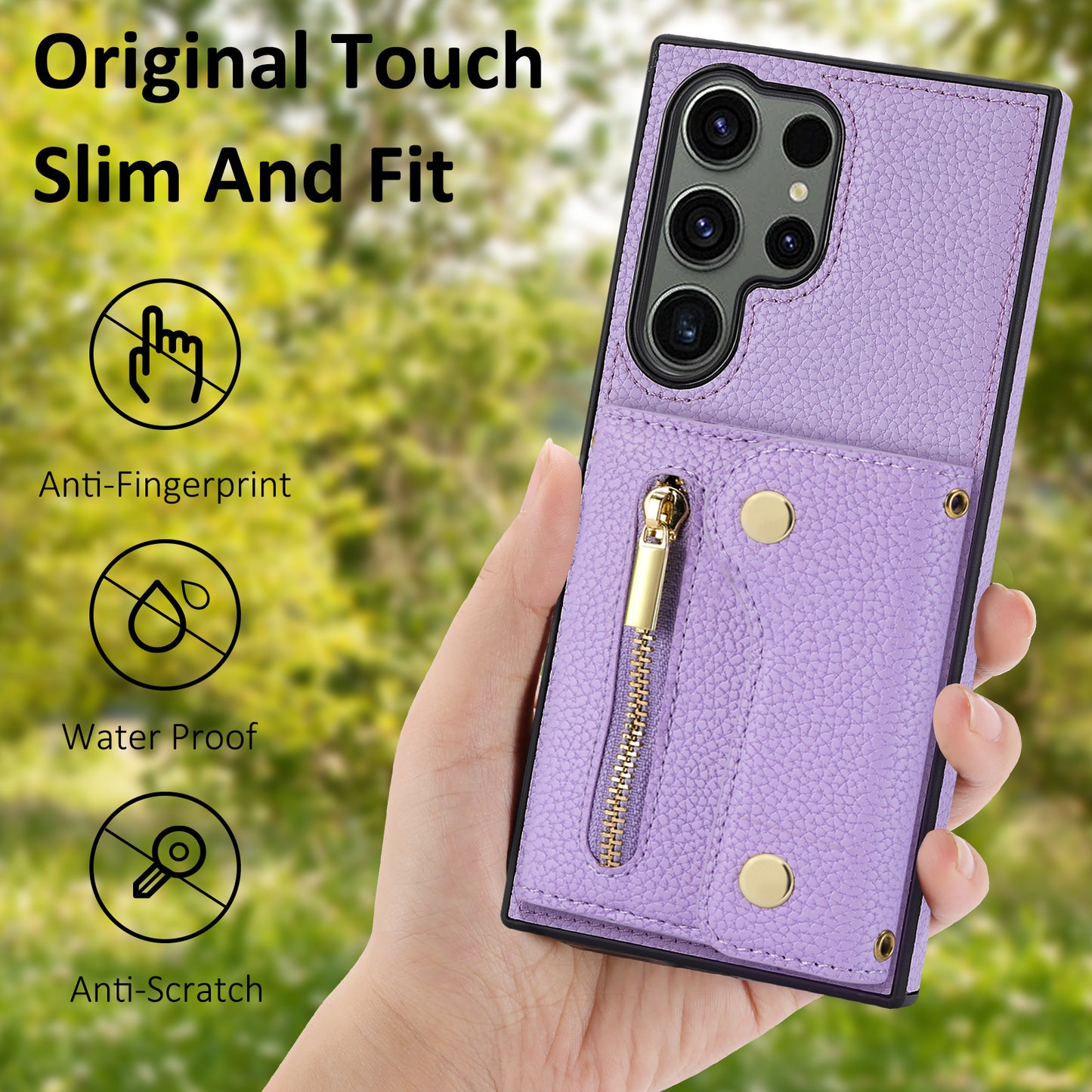 For Samsung Galaxy S24 Ultra DF-09 Card Case PU Leather Kickstand Zipper Lanyard Cover - Purple
