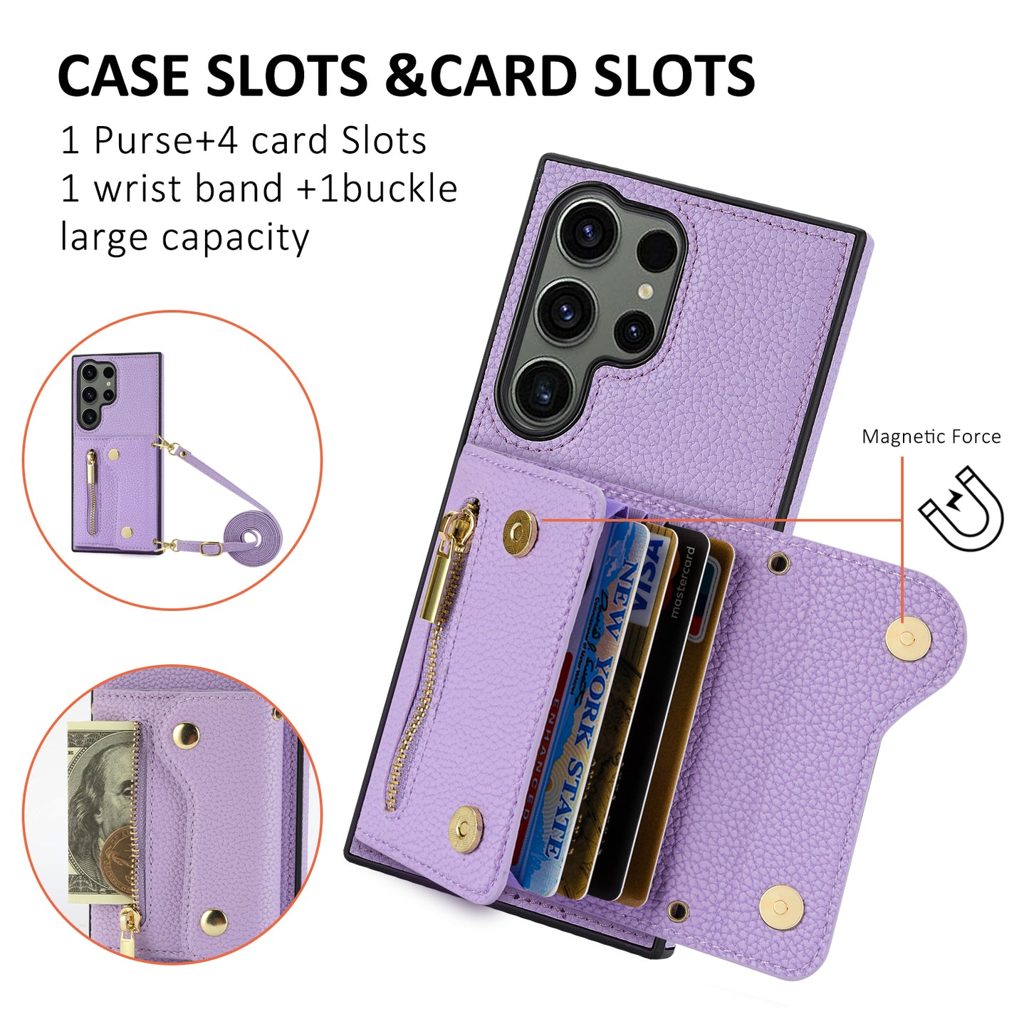 For Samsung Galaxy S24 Ultra DF-09 Card Case PU Leather Kickstand Zipper Lanyard Cover - Purple
