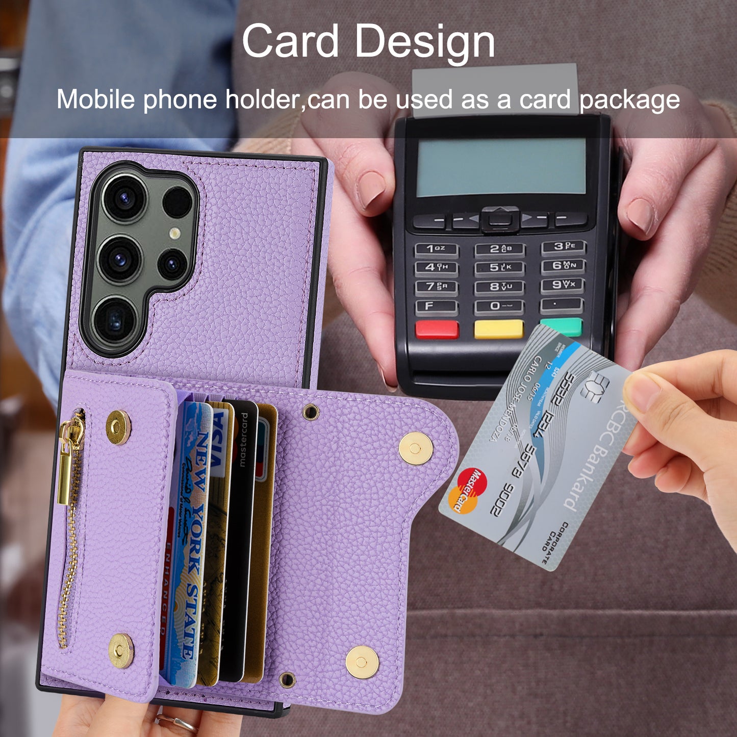 For Samsung Galaxy S24 Ultra DF-09 Card Case PU Leather Kickstand Zipper Lanyard Cover - Purple