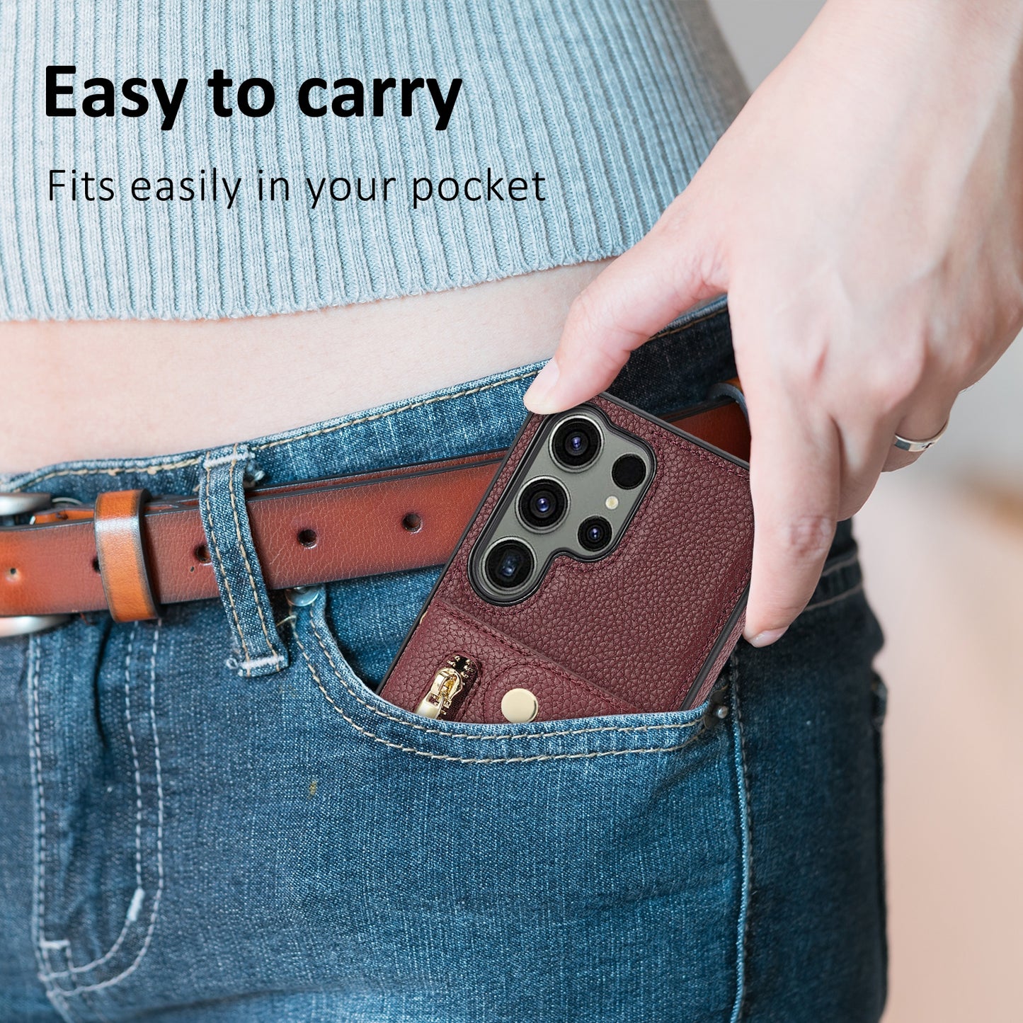 For Samsung Galaxy S24 Ultra DF-09 Card Case PU Leather Kickstand Zipper Lanyard Cover - Wine Red