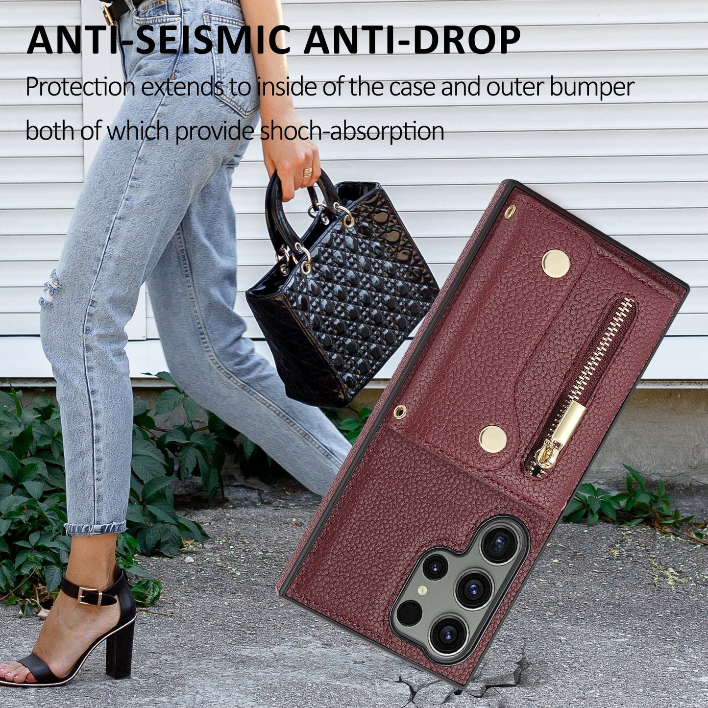 For Samsung Galaxy S24 Ultra DF-09 Card Case PU Leather Kickstand Zipper Lanyard Cover - Wine Red