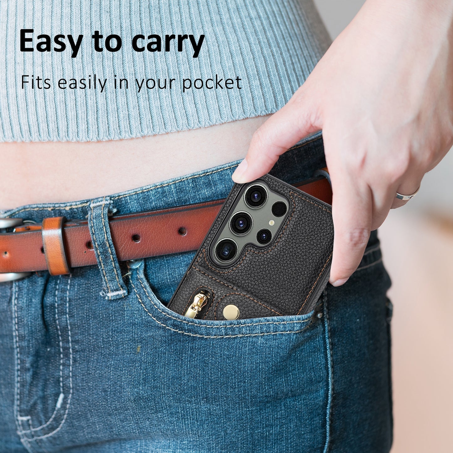 For Samsung Galaxy S24 Ultra DF-09 Card Case PU Leather Kickstand Zipper Lanyard Cover - Black