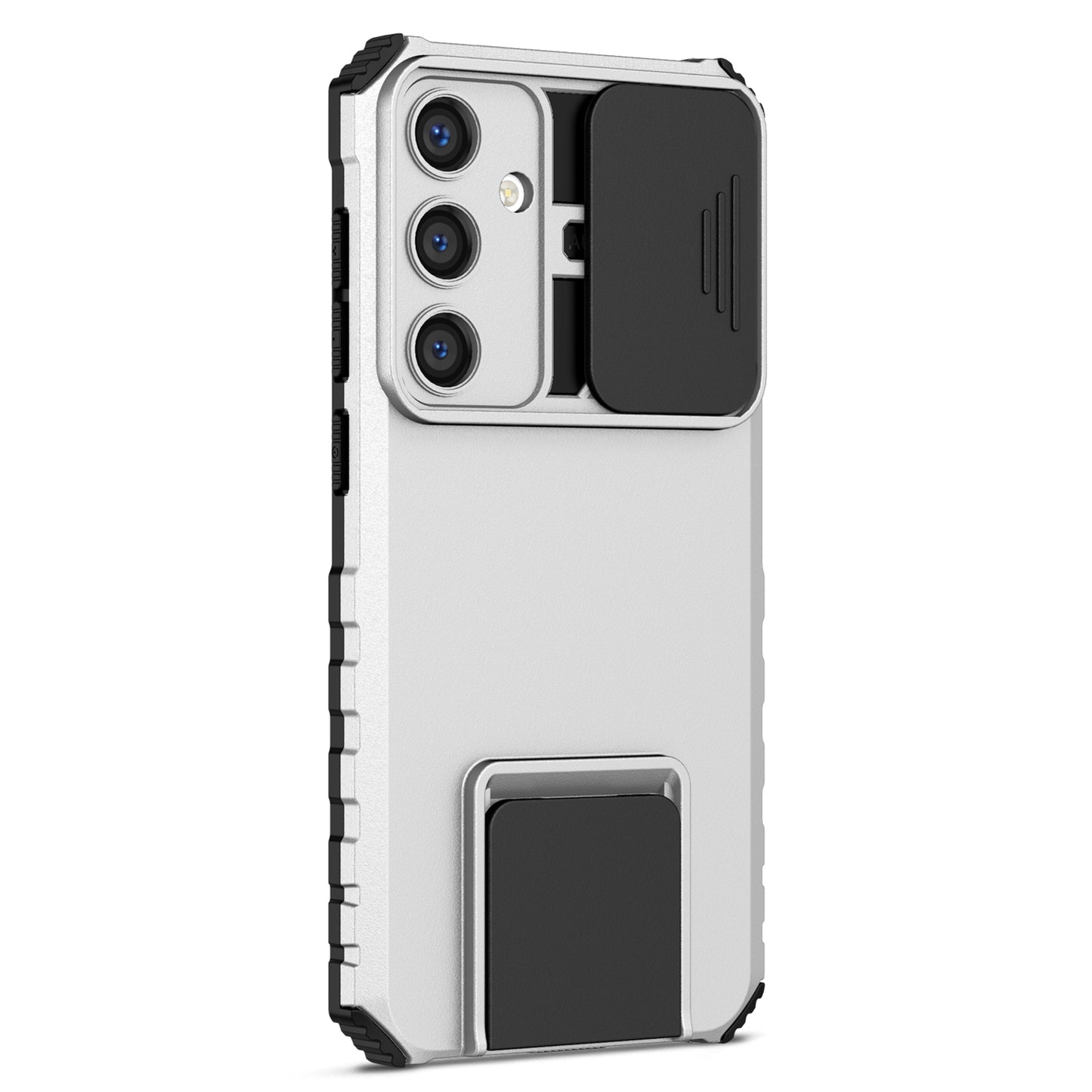 For Samsung Galaxy S24 Case Slide Lens Shield Anti-drop PC+TPU Kickstand Back Cover - White