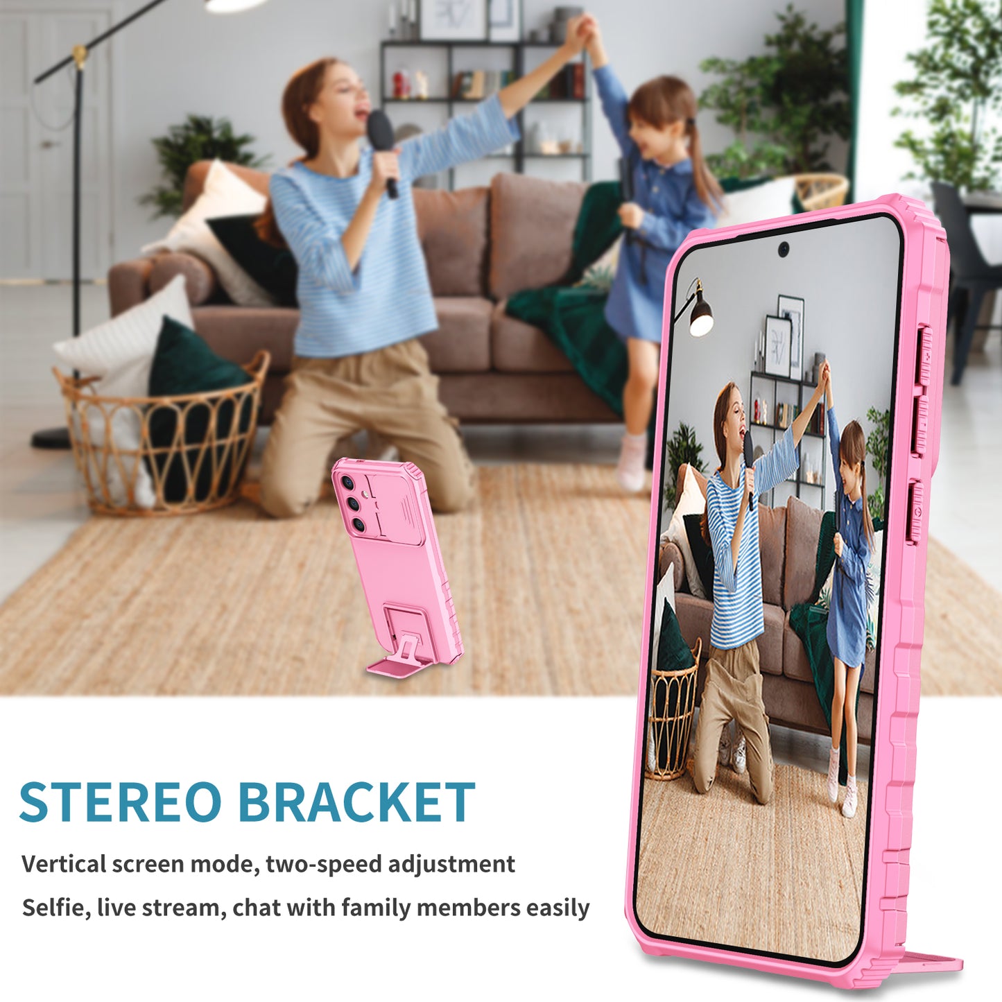 For Samsung Galaxy S24 Case Slide Lens Shield Anti-drop PC+TPU Kickstand Back Cover - Pink