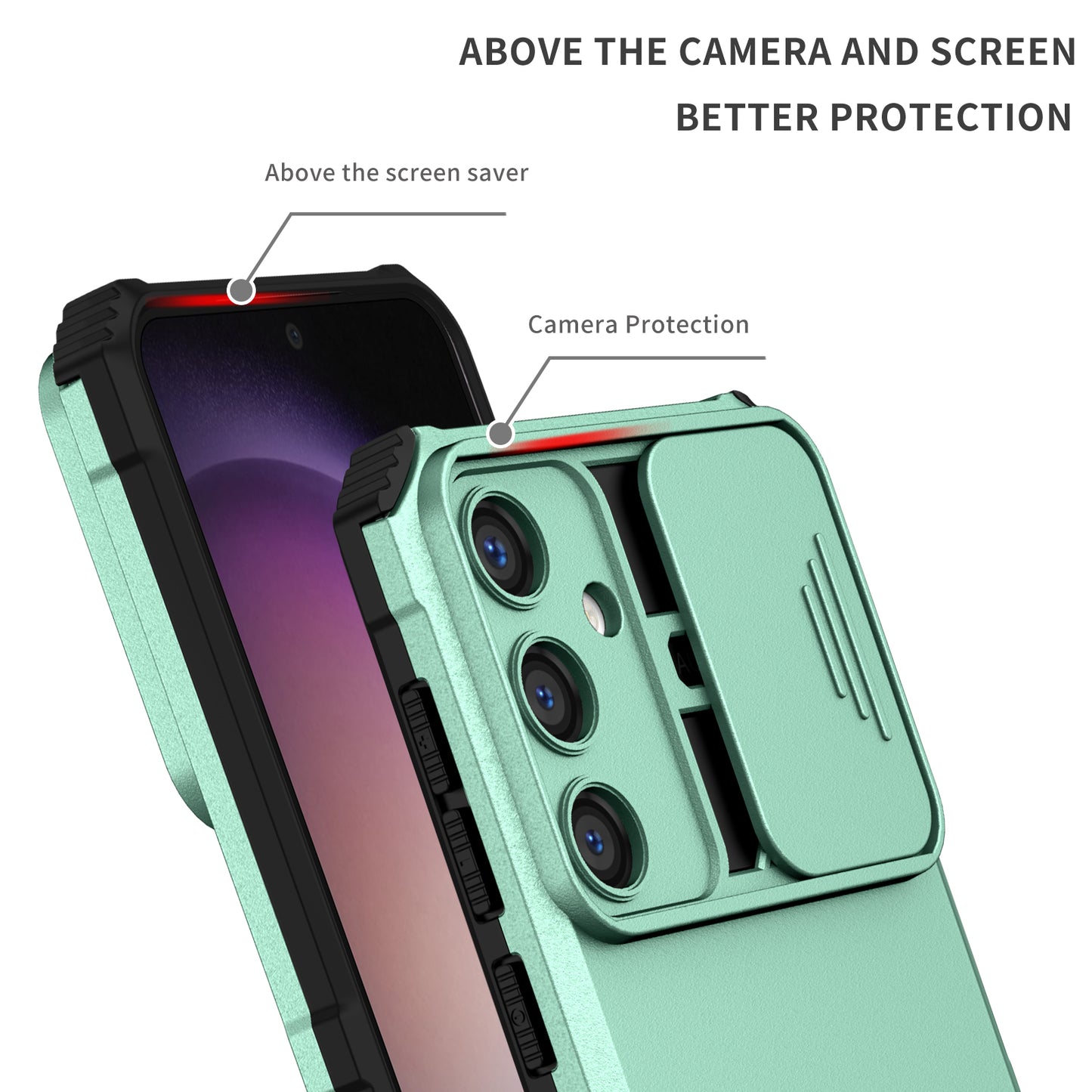 For Samsung Galaxy S24 Case Slide Lens Shield Anti-drop PC+TPU Kickstand Back Cover - Baby Blue