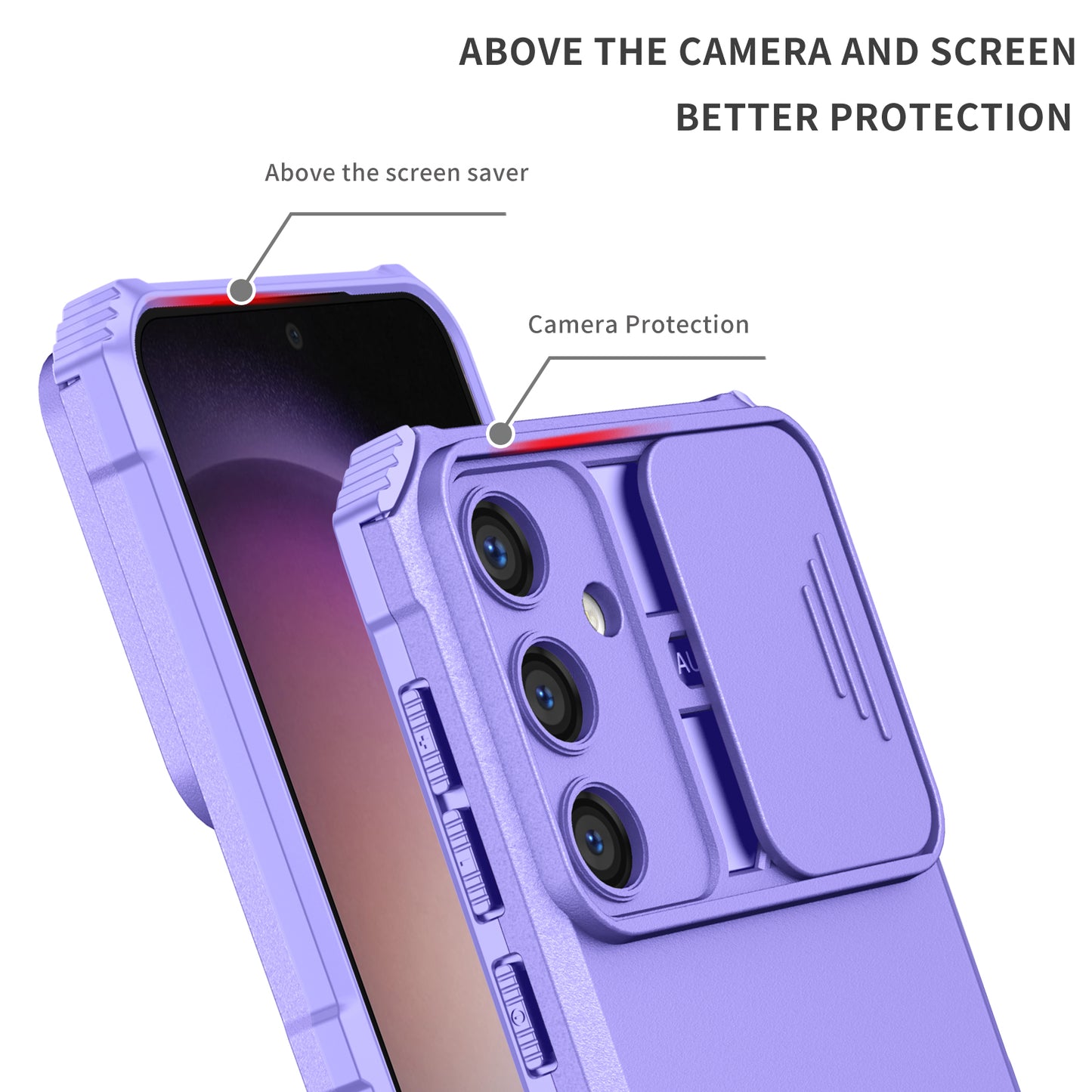 For Samsung Galaxy S24 Case Slide Lens Shield Anti-drop PC+TPU Kickstand Back Cover - Purple