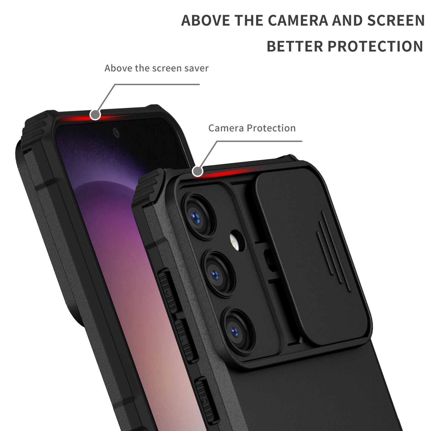 For Samsung Galaxy S24+ Cell Phone Cases Slide Lens Shield PC+TPU Kickstand Cover - Black