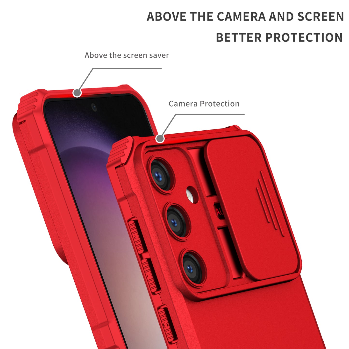 For Samsung Galaxy S24+ Cell Phone Cases Slide Lens Shield PC+TPU Kickstand Cover - Red