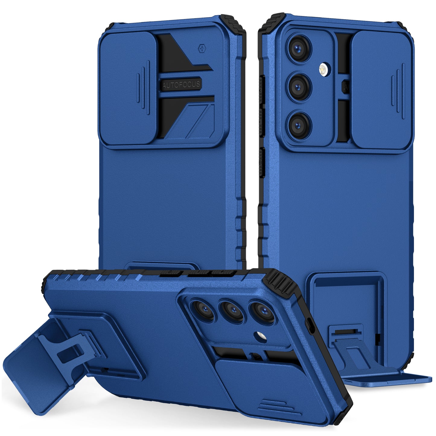For Samsung Galaxy S24+ Cell Phone Cases Slide Lens Shield PC+TPU Kickstand Cover - Blue